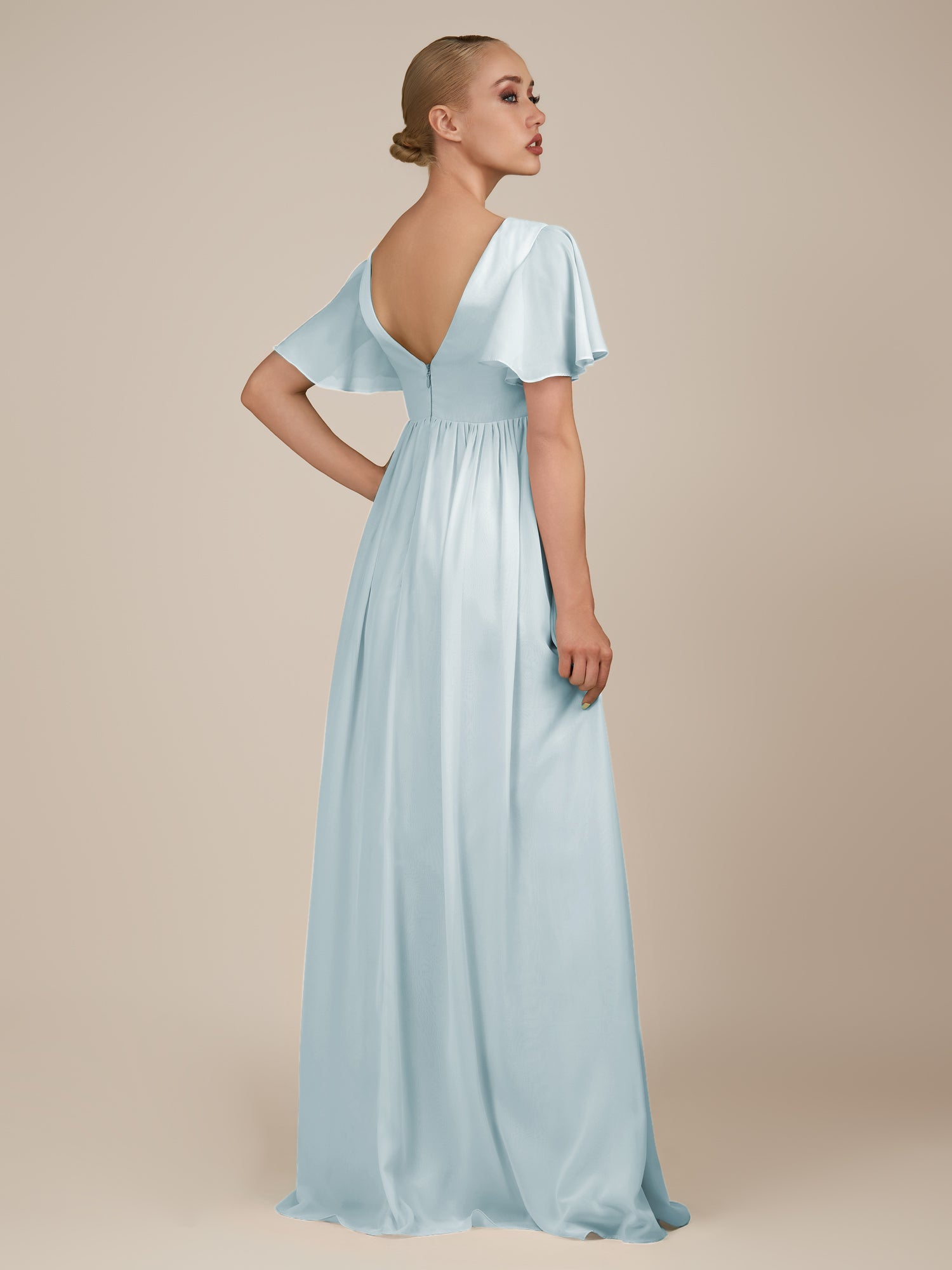 KissDress-Junia Sky Blue A Line V Neck Chiffon Cap Sleeves Long Bridesmaid Dress with Slit