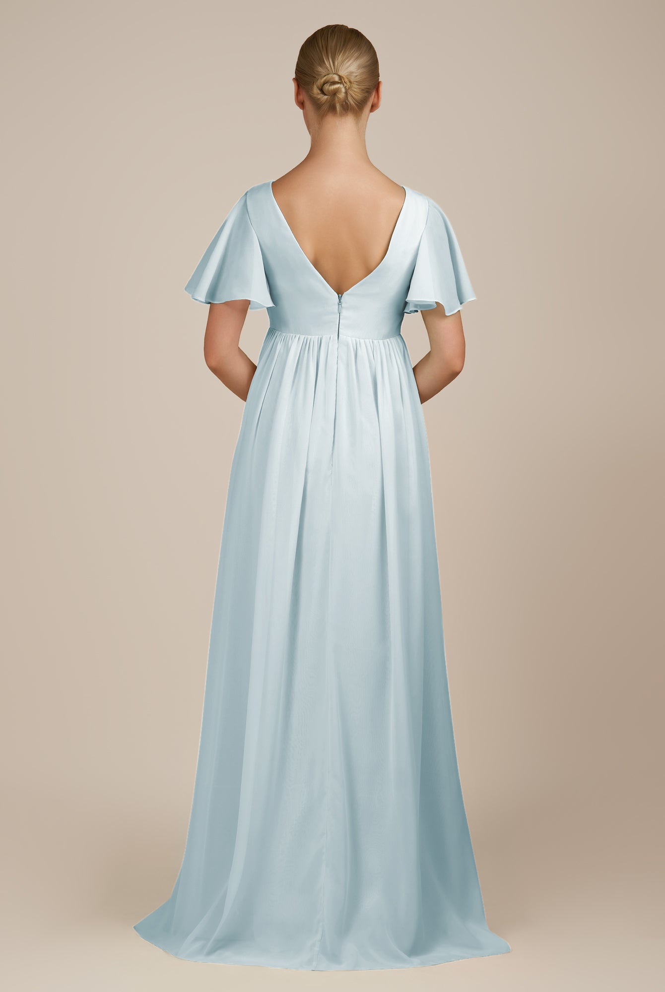 KissDress-Junia Sky Blue A Line V Neck Chiffon Cap Sleeves Long Bridesmaid Dress with Slit