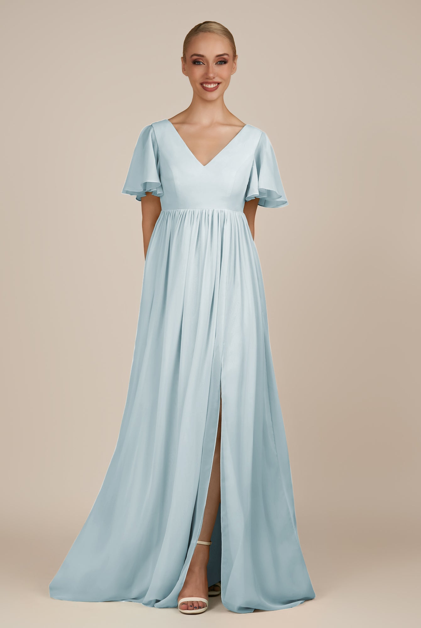 KissDress-Junia Sky Blue A Line V Neck Chiffon Cap Sleeves Long Bridesmaid Dress with Slit