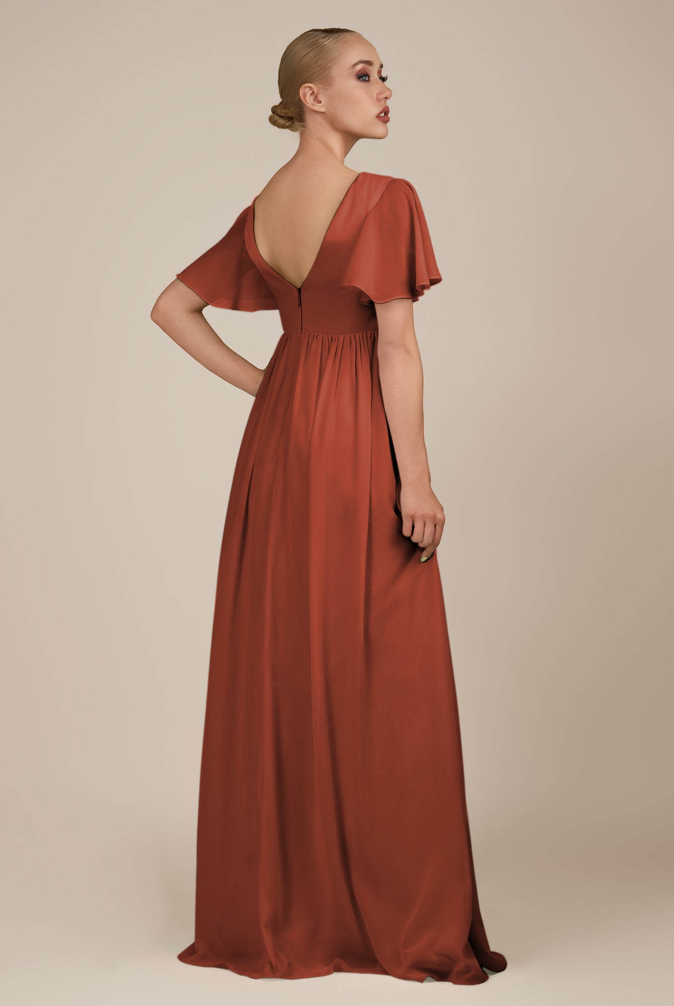 KissDress-Junia Spice A Line V Neck Chiffon Cap Sleeves Long Bridesmaid Dress with Slit