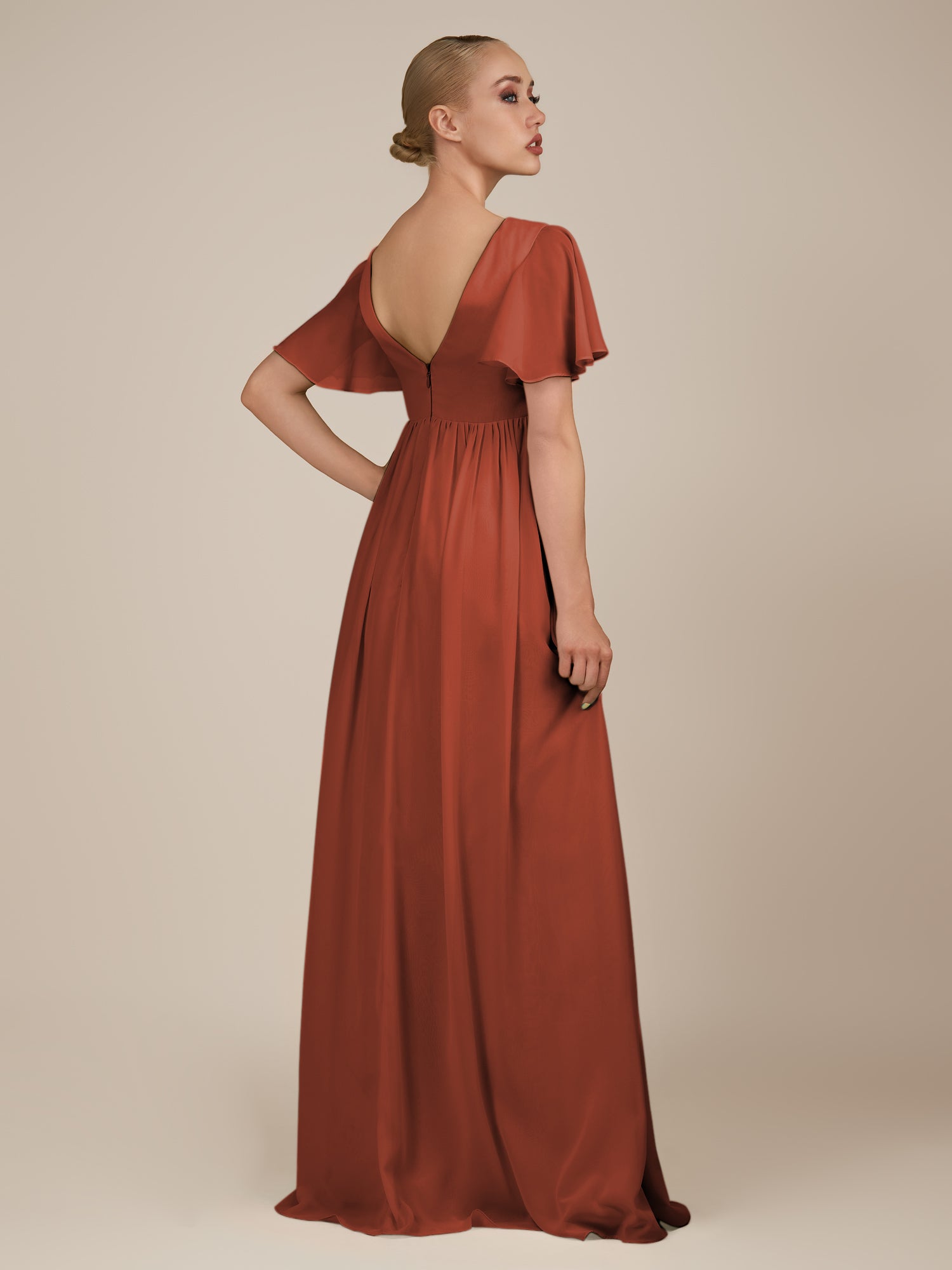 KissDress-Junia Spice A Line V Neck Chiffon Cap Sleeves Long Bridesmaid Dress with Slit