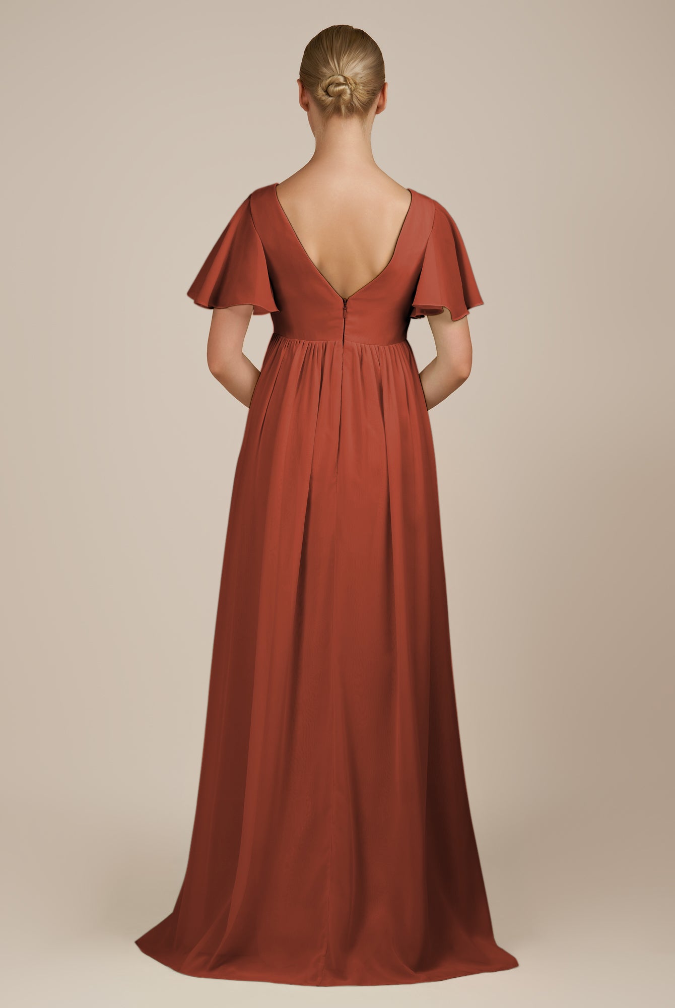 KissDress-Junia Spice A Line V Neck Chiffon Cap Sleeves Long Bridesmaid Dress with Slit