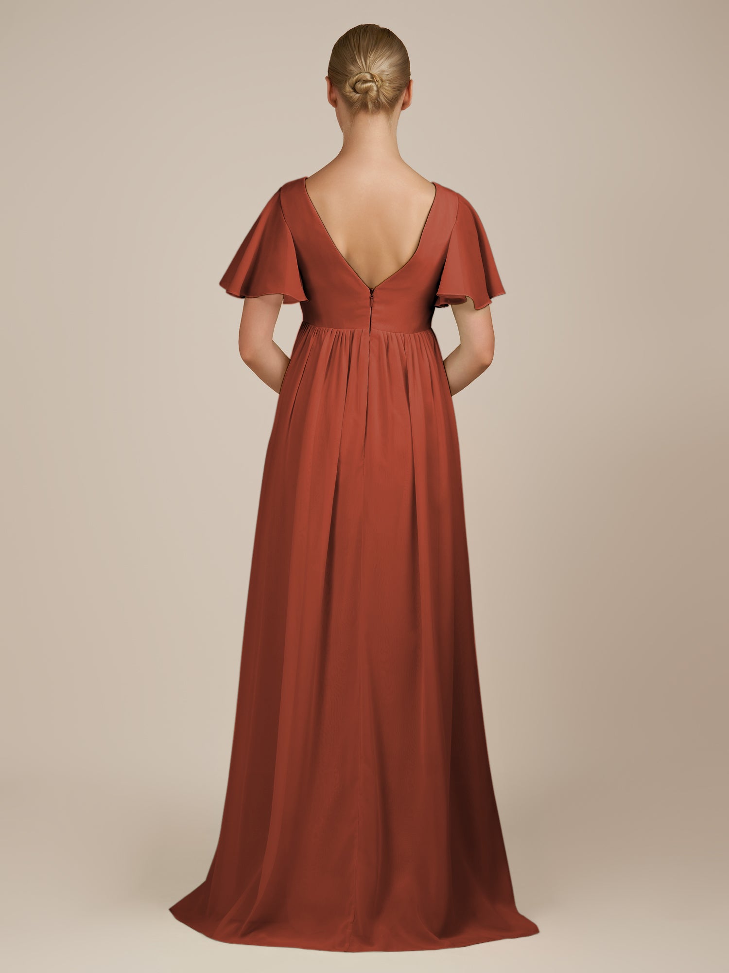 KissDress-Junia Spice A Line V Neck Chiffon Cap Sleeves Long Bridesmaid Dress with Slit