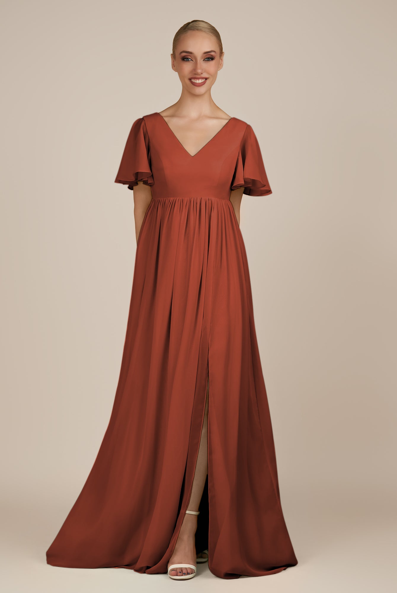 KissDress-Junia Spice A Line V Neck Chiffon Cap Sleeves Long Bridesmaid Dress with Slit