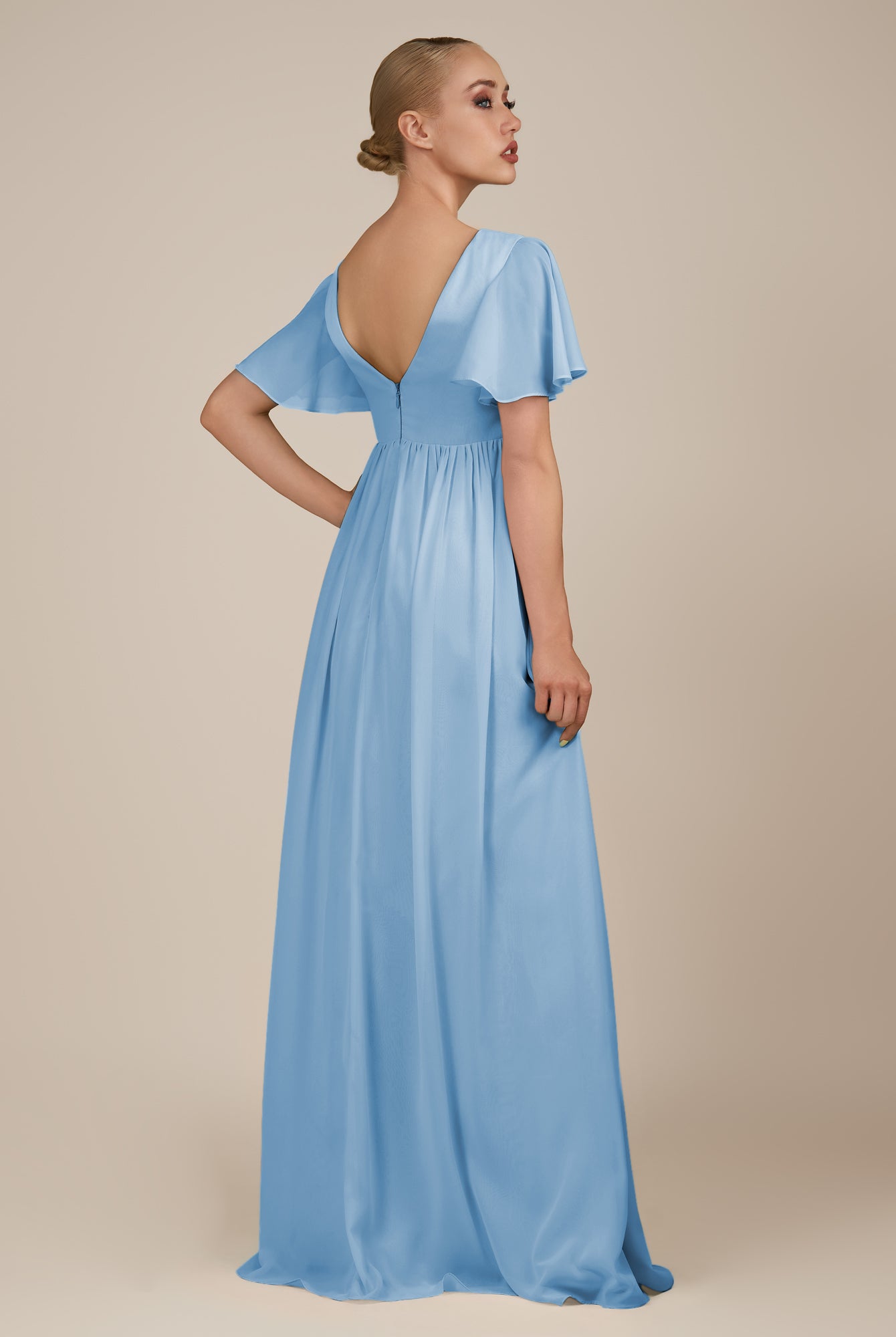 KissDress-Junia Steel Blue A Line V Neck Chiffon Cap Sleeves Long Bridesmaid Dress with Slit