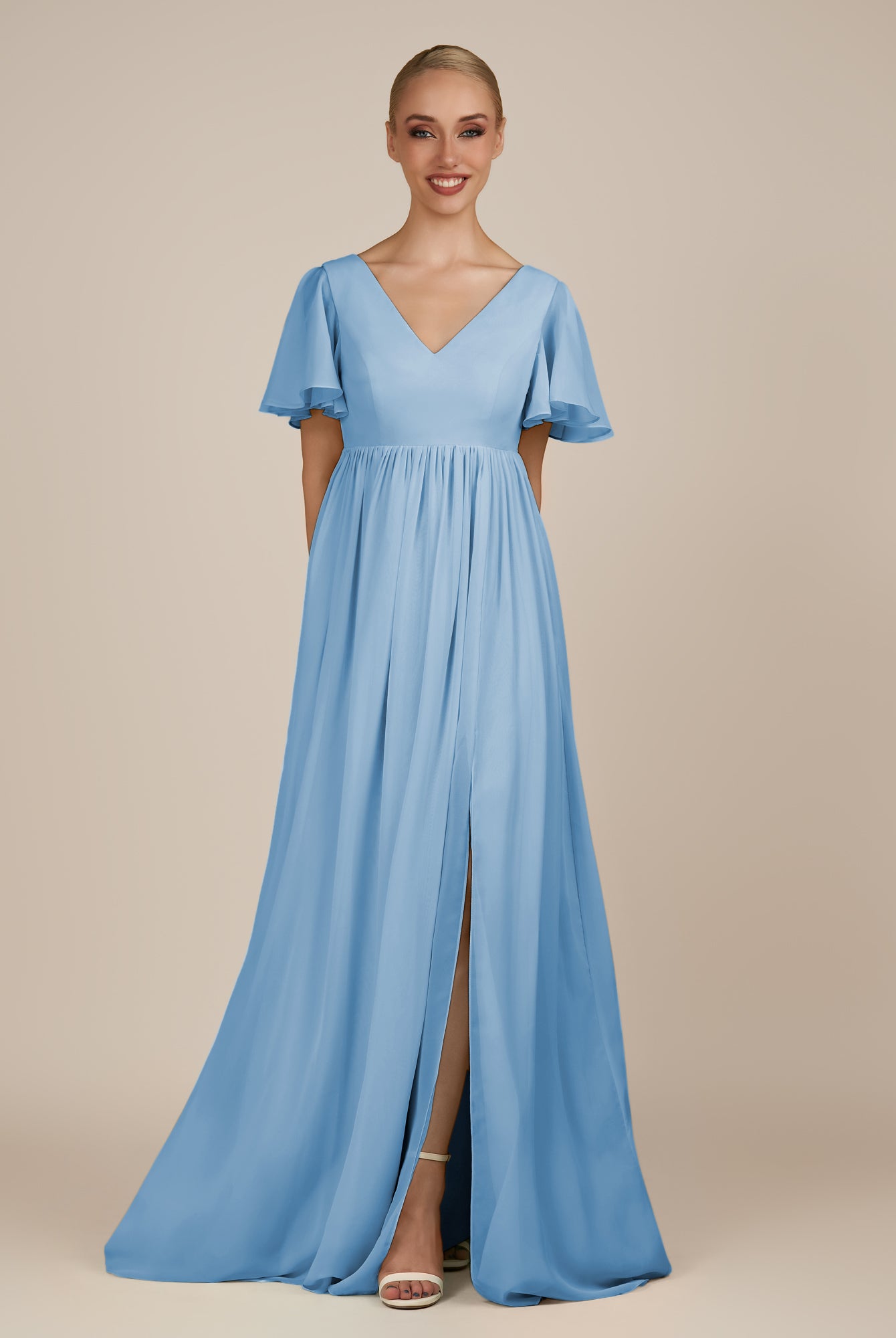 KissDress-Junia Steel Blue A Line V Neck Chiffon Cap Sleeves Long Bridesmaid Dress with Slit