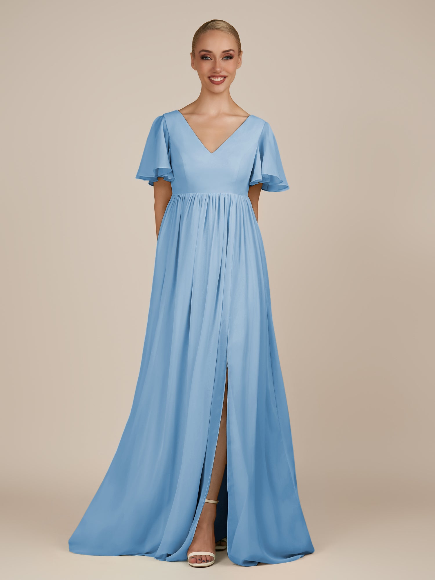KissDress-Junia Steel Blue A Line V Neck Chiffon Cap Sleeves Long Bridesmaid Dress with Slit