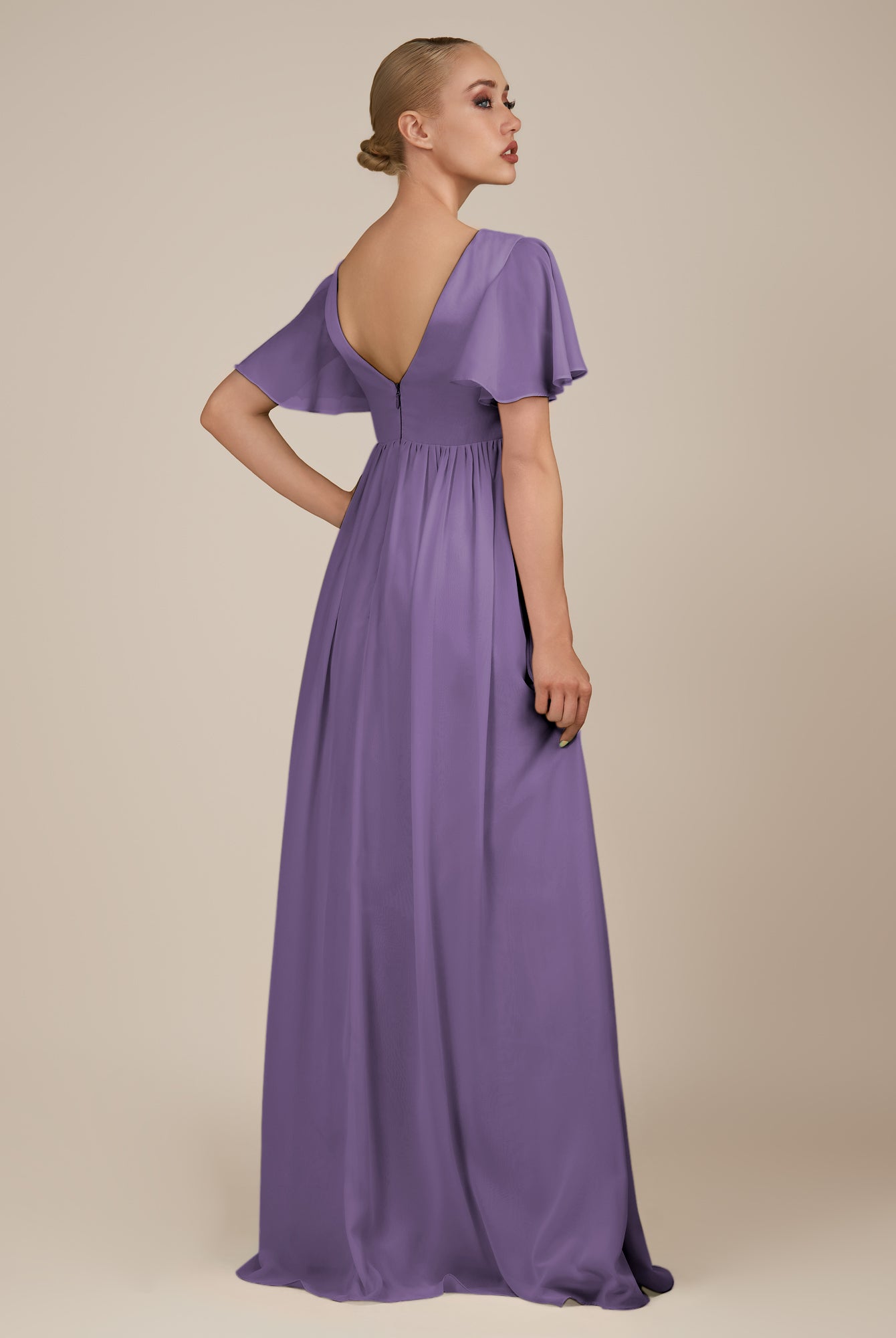 KissDress-Junia Tahiti A Line V Neck Chiffon Cap Sleeves Long Bridesmaid Dress with Slit