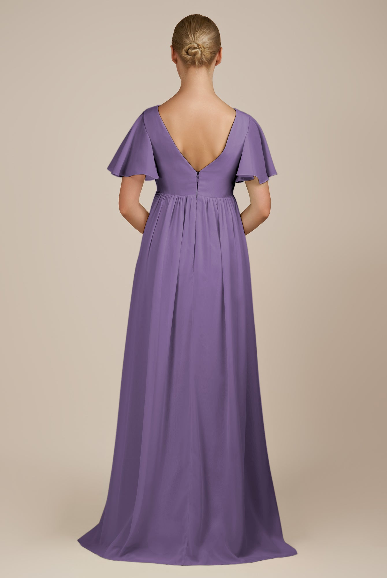 KissDress-Junia Tahiti A Line V Neck Chiffon Cap Sleeves Long Bridesmaid Dress with Slit
