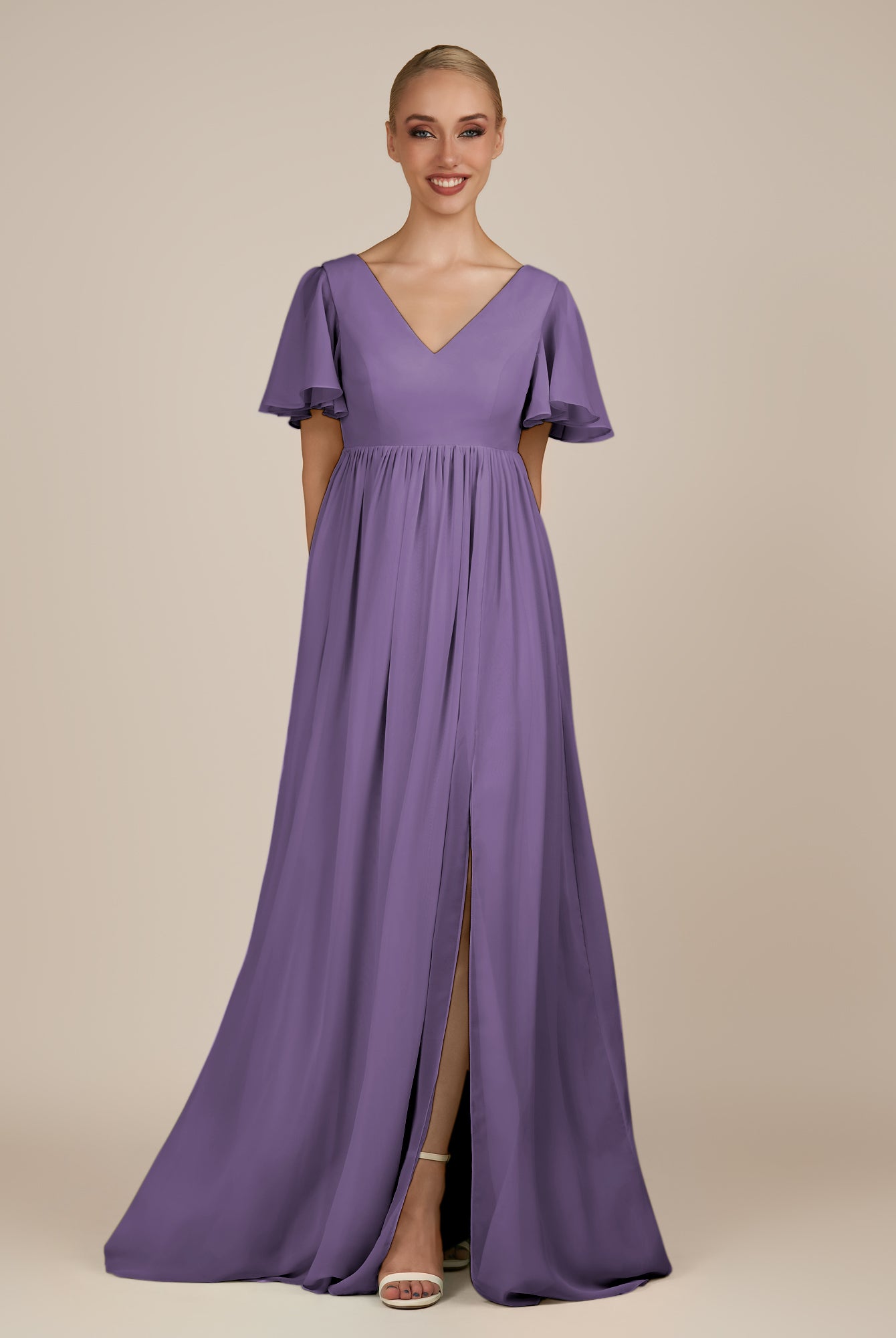 KissDress-Junia Tahiti A Line V Neck Chiffon Cap Sleeves Long Bridesmaid Dress with Slit