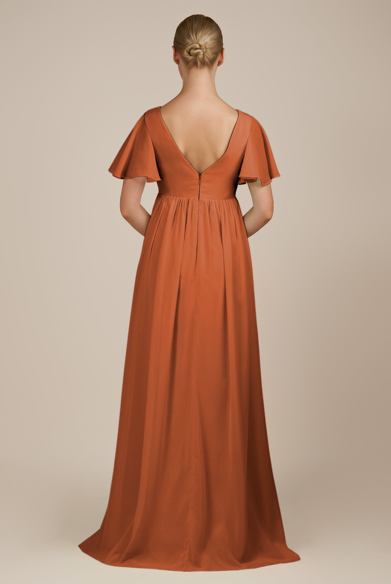 KissDress-Junia Terracotta A Line V Neck Chiffon Cap Sleeves Long Bridesmaid Dress with Slit