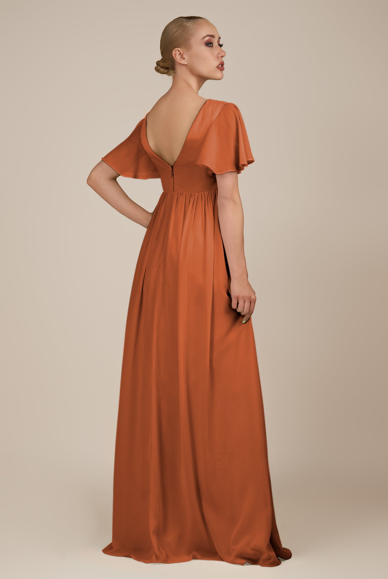 KissDress-Junia Terracotta A Line V Neck Chiffon Cap Sleeves Long Bridesmaid Dress with Slit
