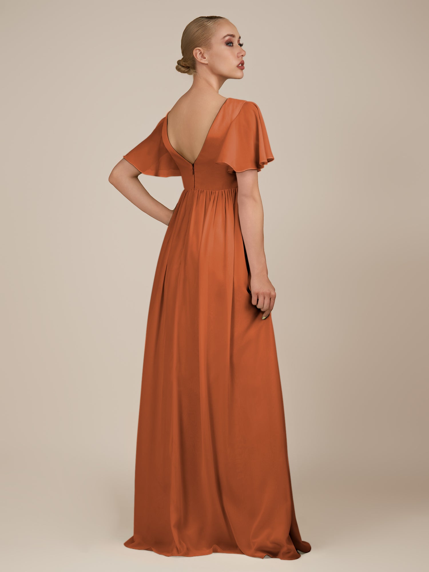 KissDress-Junia Terracotta A Line V Neck Chiffon Cap Sleeves Long Bridesmaid Dress with Slit