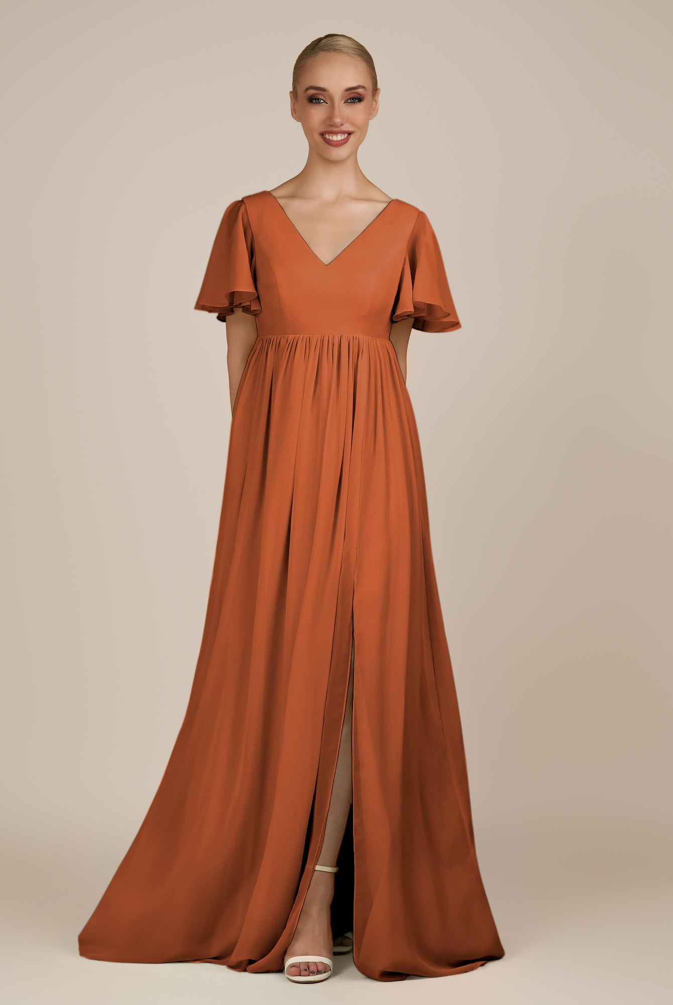 KissDress-Junia Terracotta A Line V Neck Chiffon Cap Sleeves Long Bridesmaid Dress with Slit