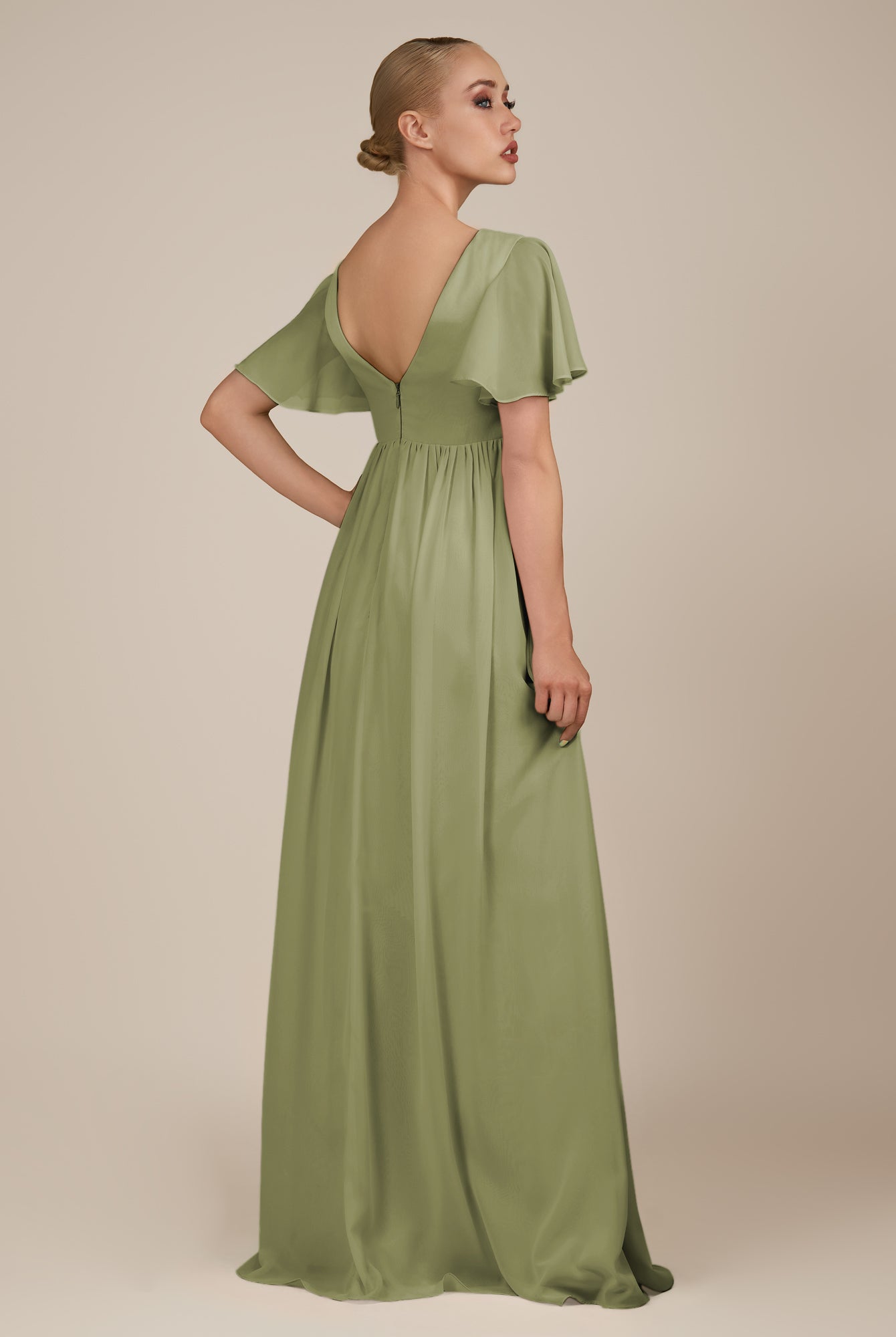 KissDress-Junia Thyme A Line V Neck Chiffon Cap Sleeves Long Bridesmaid Dress with Slit