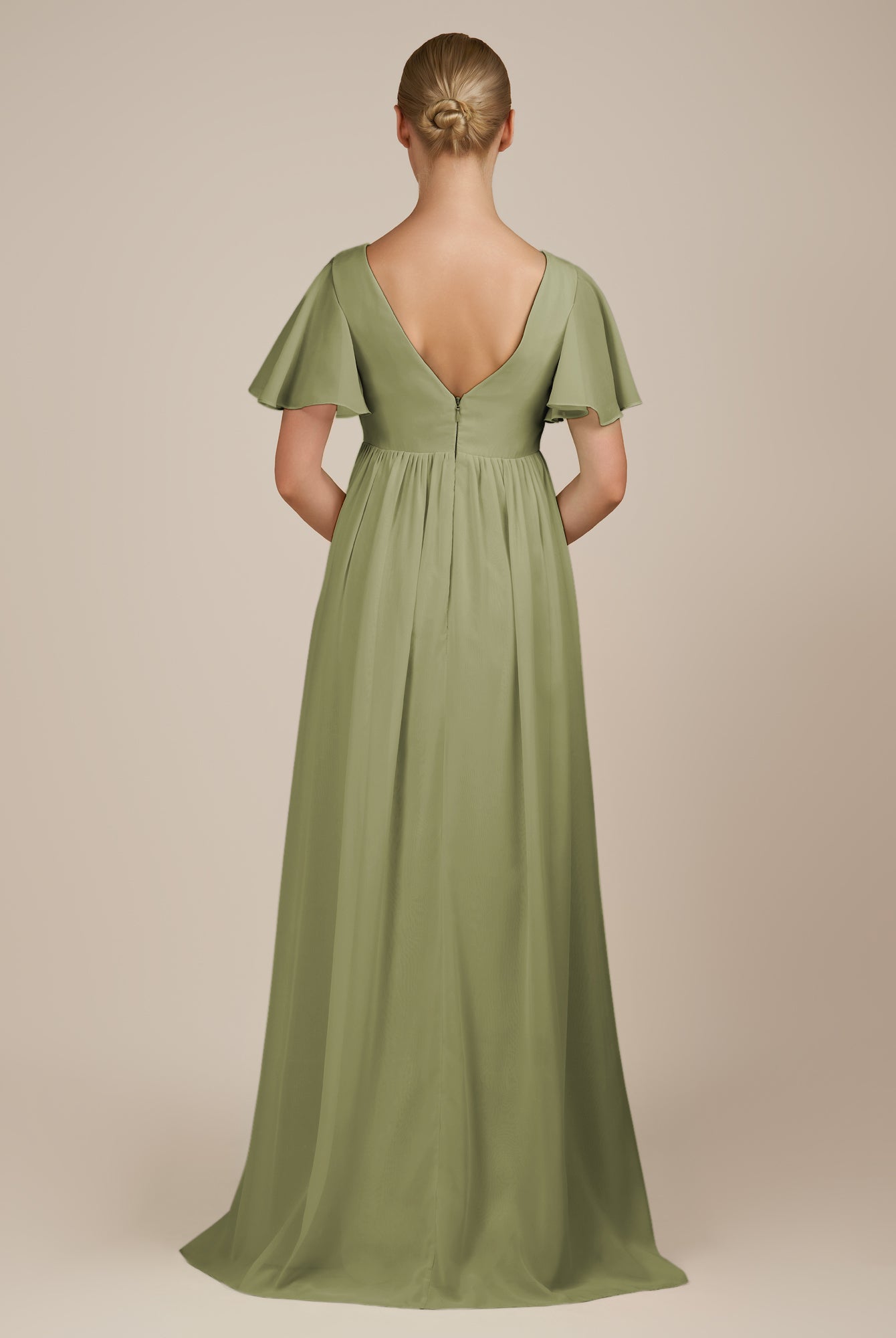 KissDress-Junia Thyme A Line V Neck Chiffon Cap Sleeves Long Bridesmaid Dress with Slit