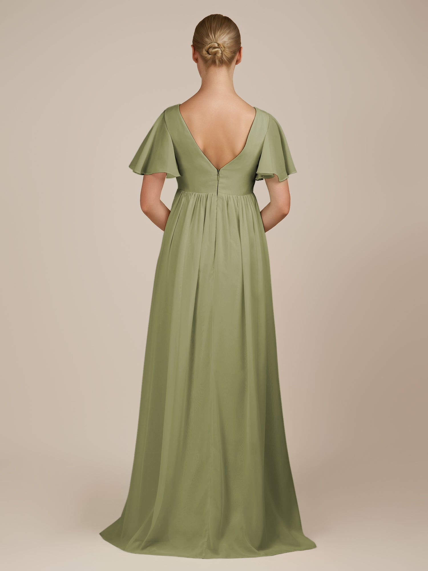 KissDress-Junia Thyme A Line V Neck Chiffon Cap Sleeves Long Bridesmaid Dress with Slit
