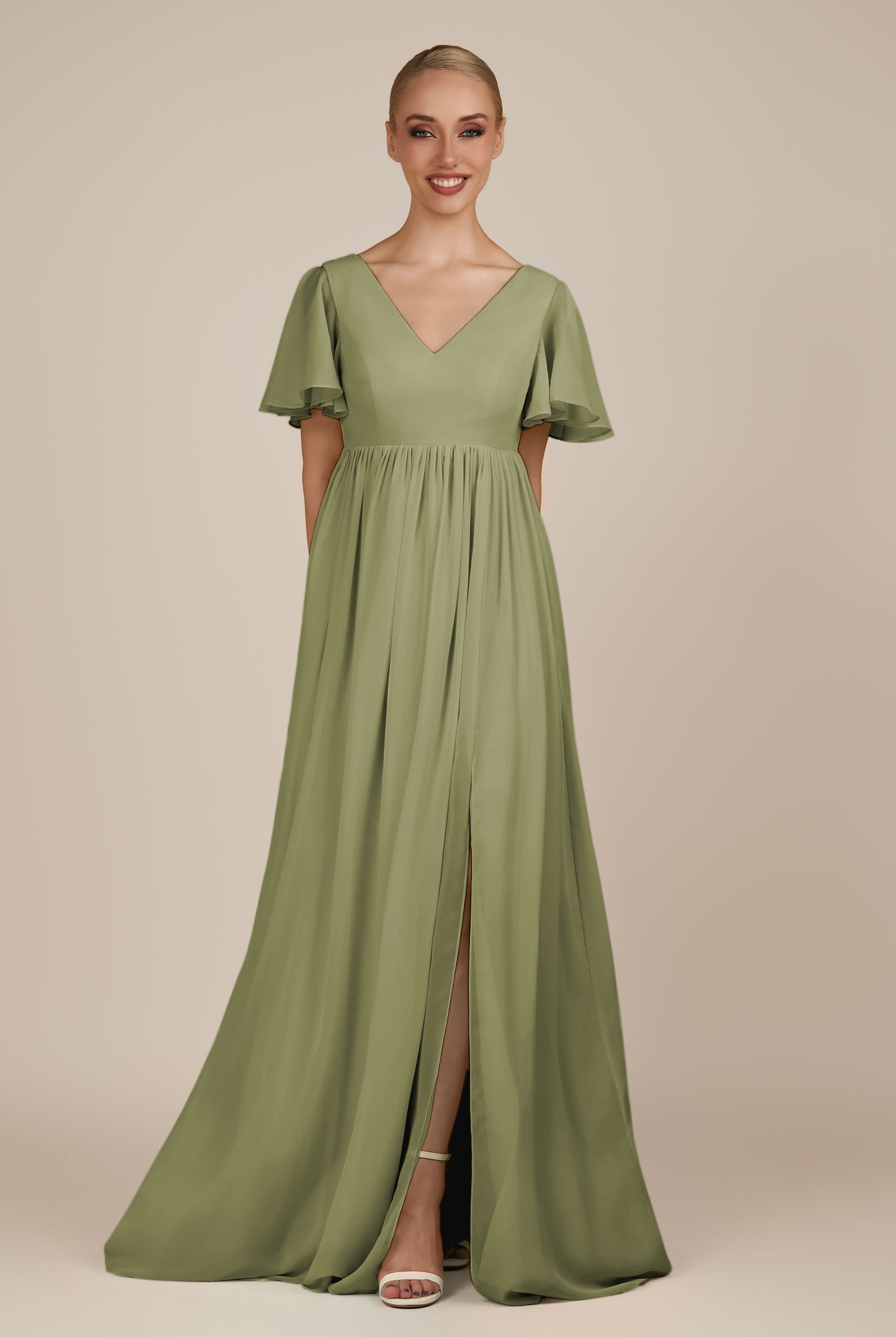 KissDress-Junia Thyme A Line V Neck Chiffon Cap Sleeves Long Bridesmaid Dress with Slit