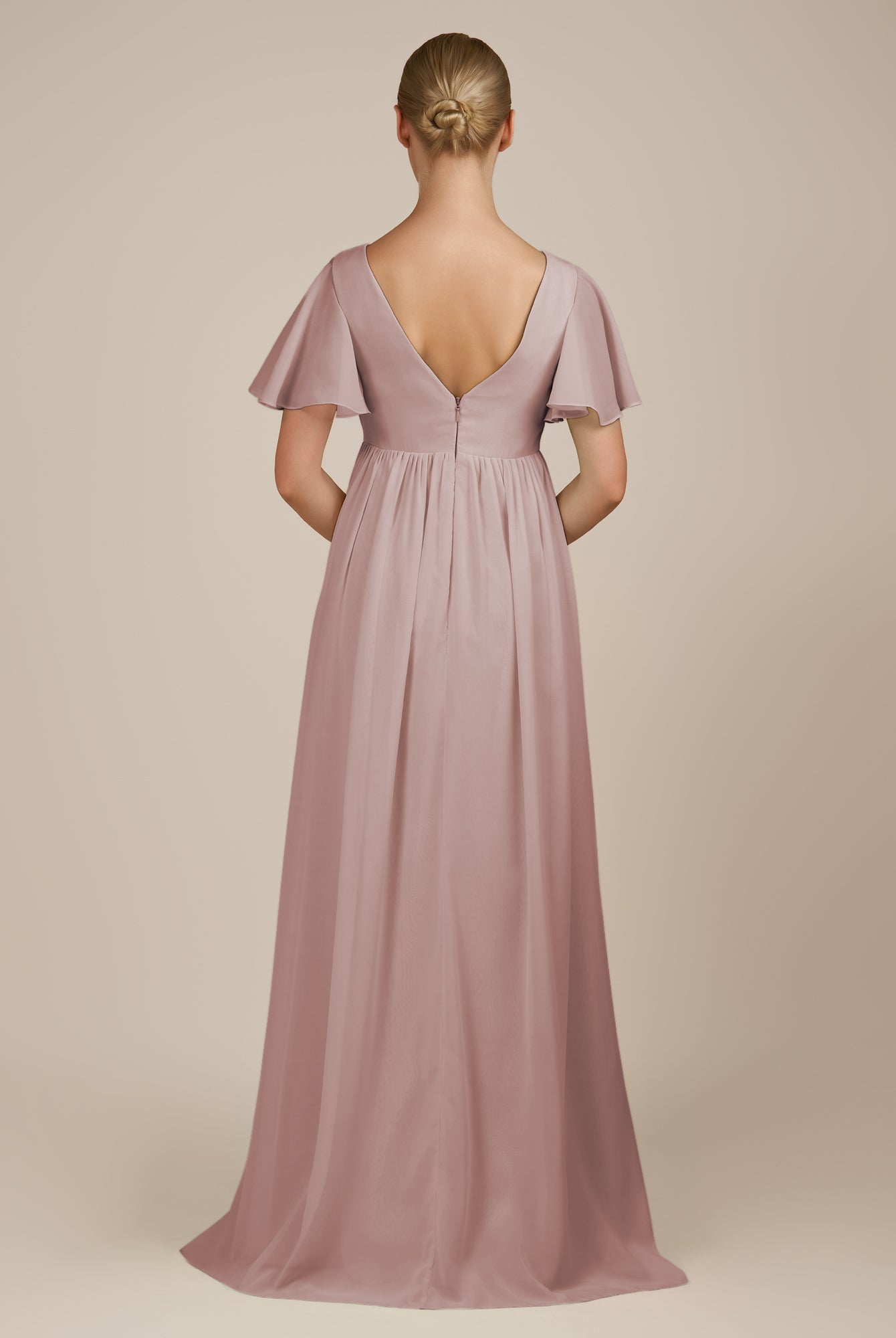 KissDress-Junia Toffee A Line V Neck Chiffon Cap Sleeves Long Bridesmaid Dress with Slit