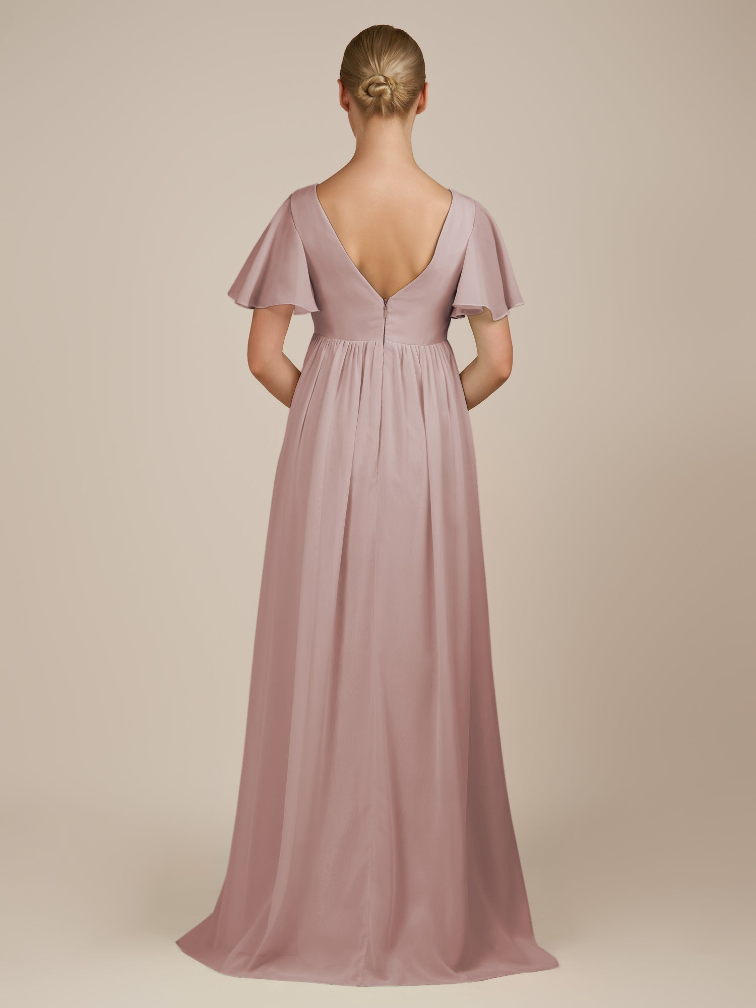 KissDress-Junia Toffee A Line V Neck Chiffon Cap Sleeves Long Bridesmaid Dress with Slit