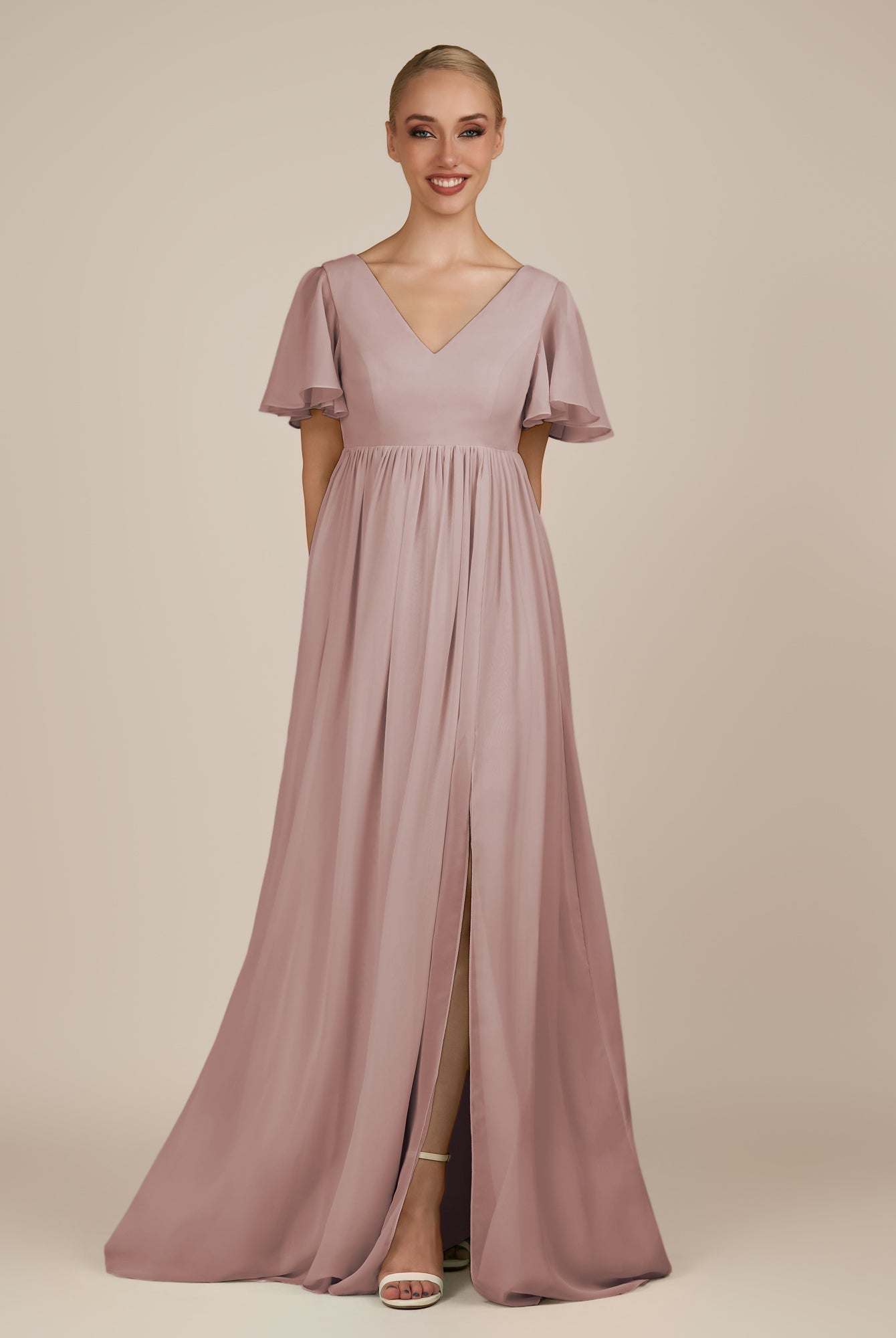 KissDress-Junia Toffee A Line V Neck Chiffon Cap Sleeves Long Bridesmaid Dress with Slit