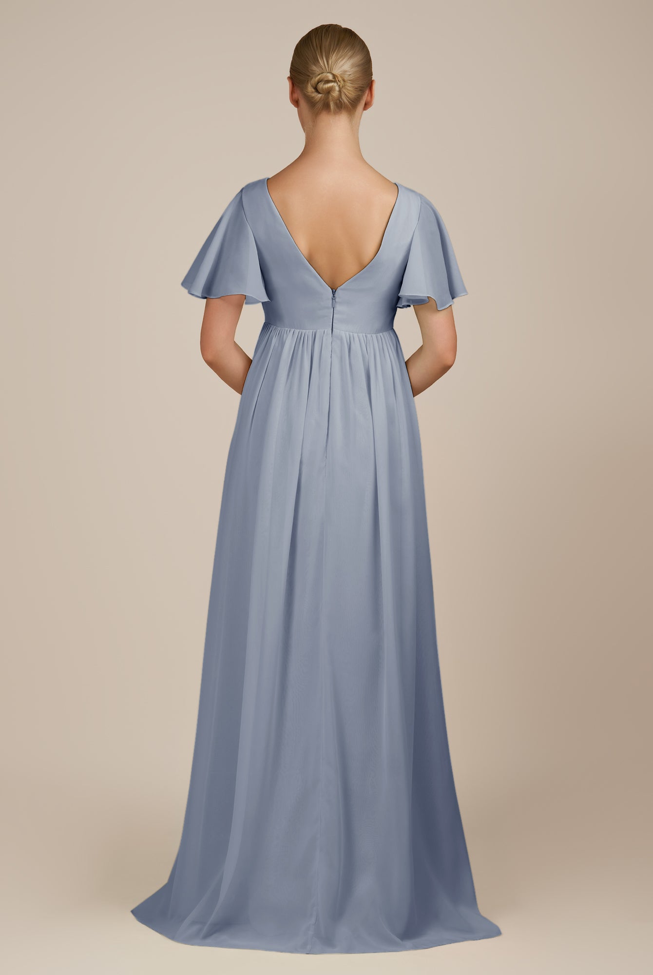 KissDress-Junia Twilight A Line V Neck Chiffon Cap Sleeves Long Bridesmaid Dress with Slit
