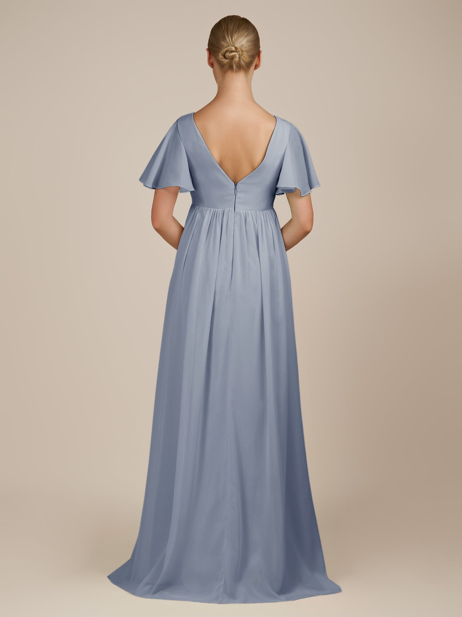 KissDress-Junia Twilight A Line V Neck Chiffon Cap Sleeves Long Bridesmaid Dress with Slit