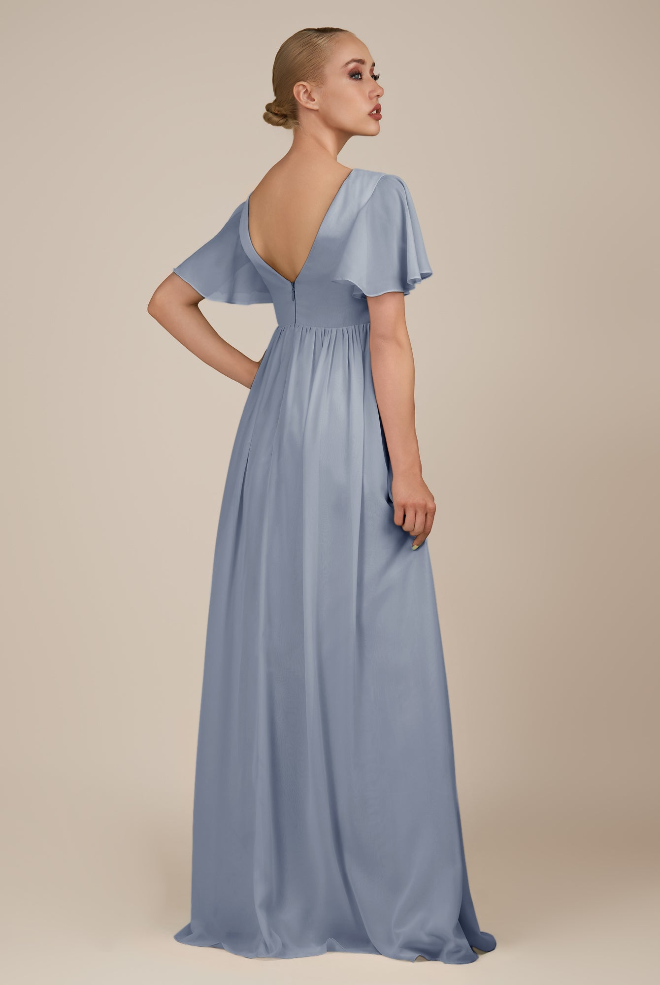 KissDress-Junia Twilight A Line V Neck Chiffon Cap Sleeves Long Bridesmaid Dress with Slit