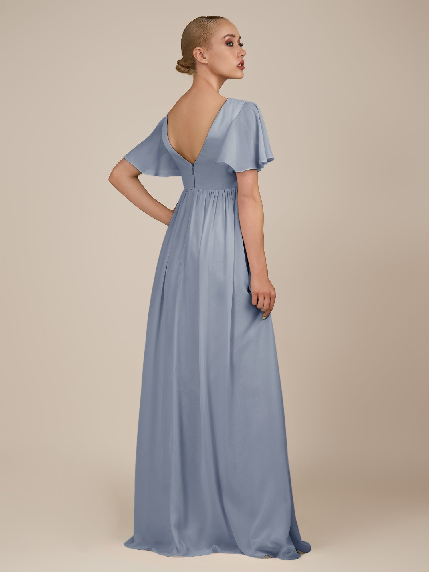 KissDress-Junia Twilight A Line V Neck Chiffon Cap Sleeves Long Bridesmaid Dress with Slit