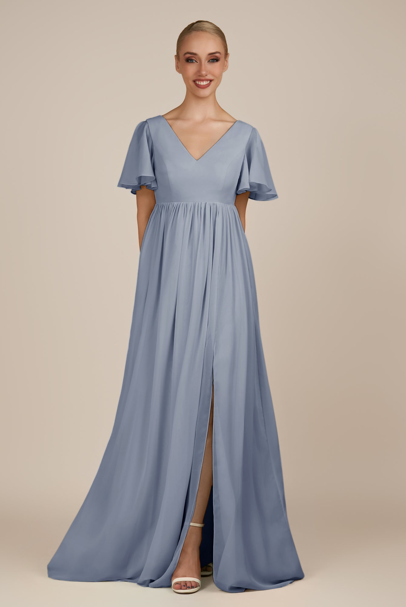 KissDress-Junia Twilight A Line V Neck Chiffon Cap Sleeves Long Bridesmaid Dress with Slit