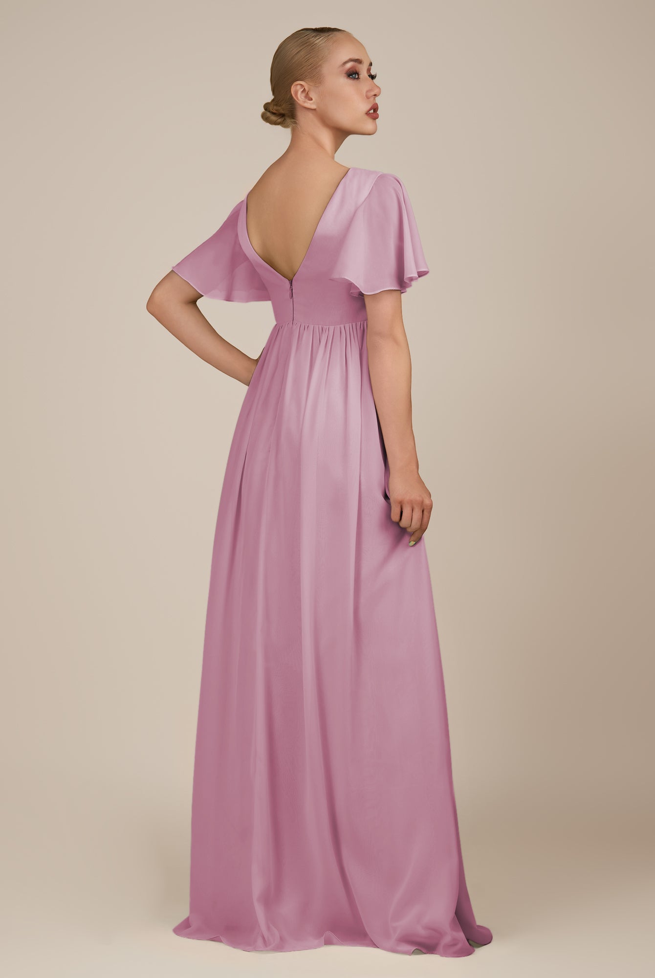 KissDress-Junia Vintage Mauve A Line V Neck Chiffon Cap Sleeves Long Bridesmaid Dress with Slit