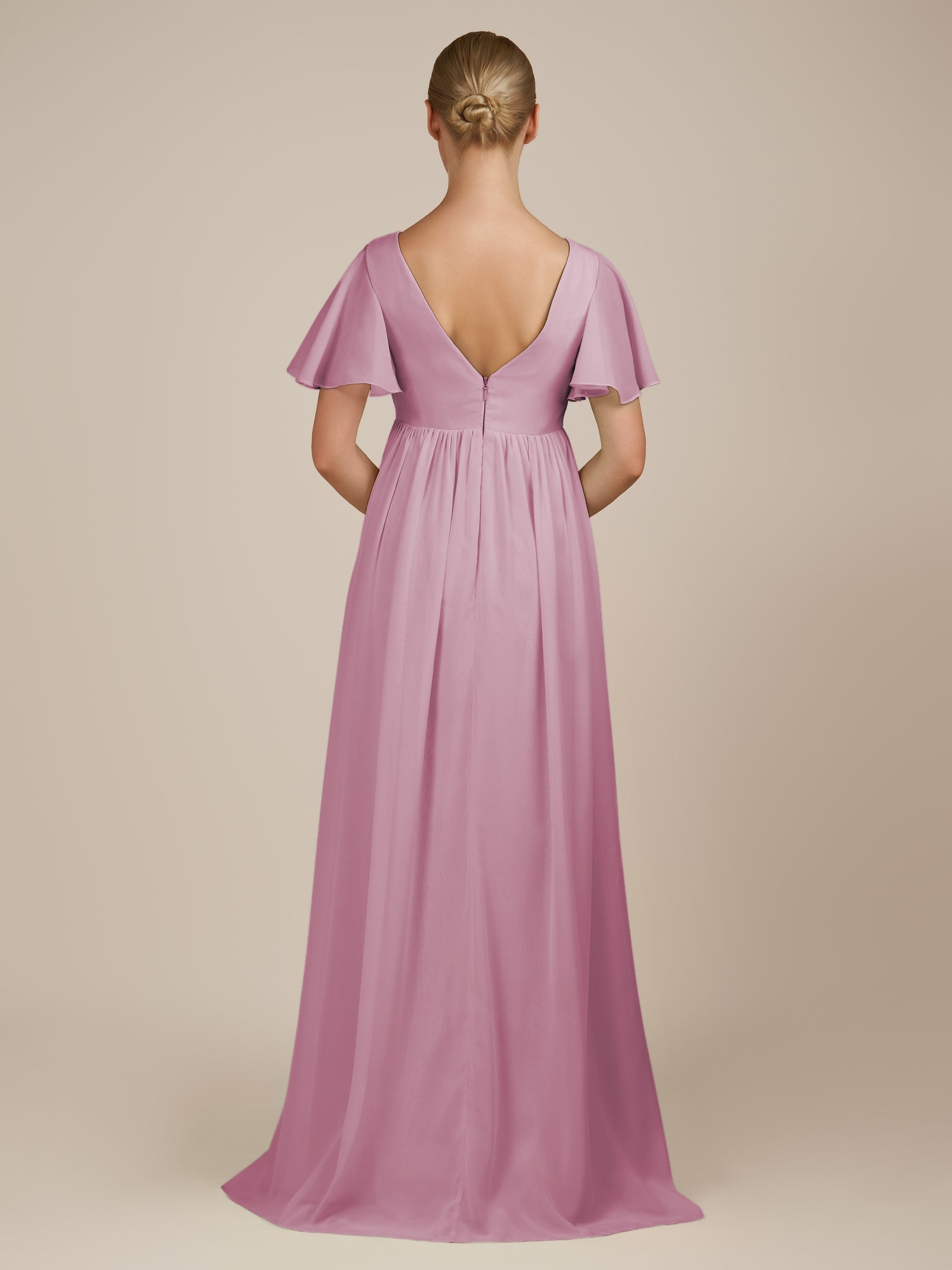 KissDress-Junia Vintage Mauve A Line V Neck Chiffon Cap Sleeves Long Bridesmaid Dress with Slit