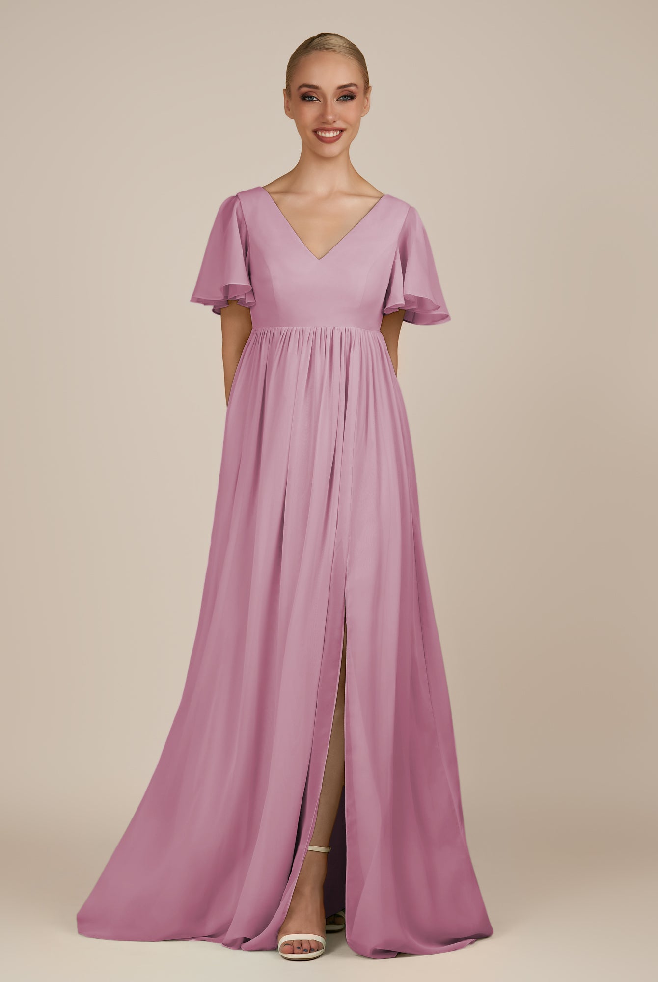 KissDress-Junia Vintage Mauve A Line V Neck Chiffon Cap Sleeves Long Bridesmaid Dress with Slit
