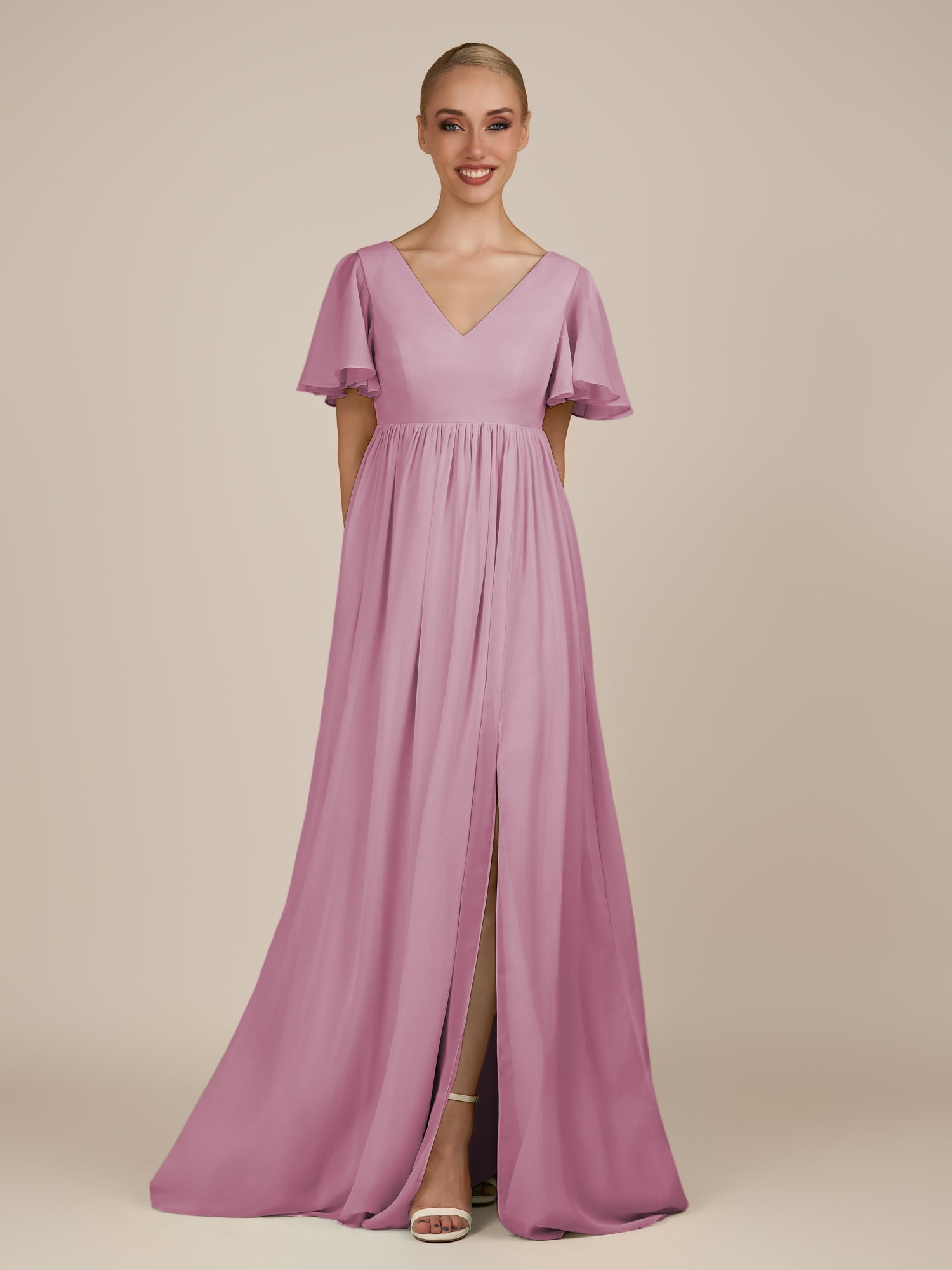 KissDress-Junia Vintage Mauve A Line V Neck Chiffon Cap Sleeves Long Bridesmaid Dress with Slit