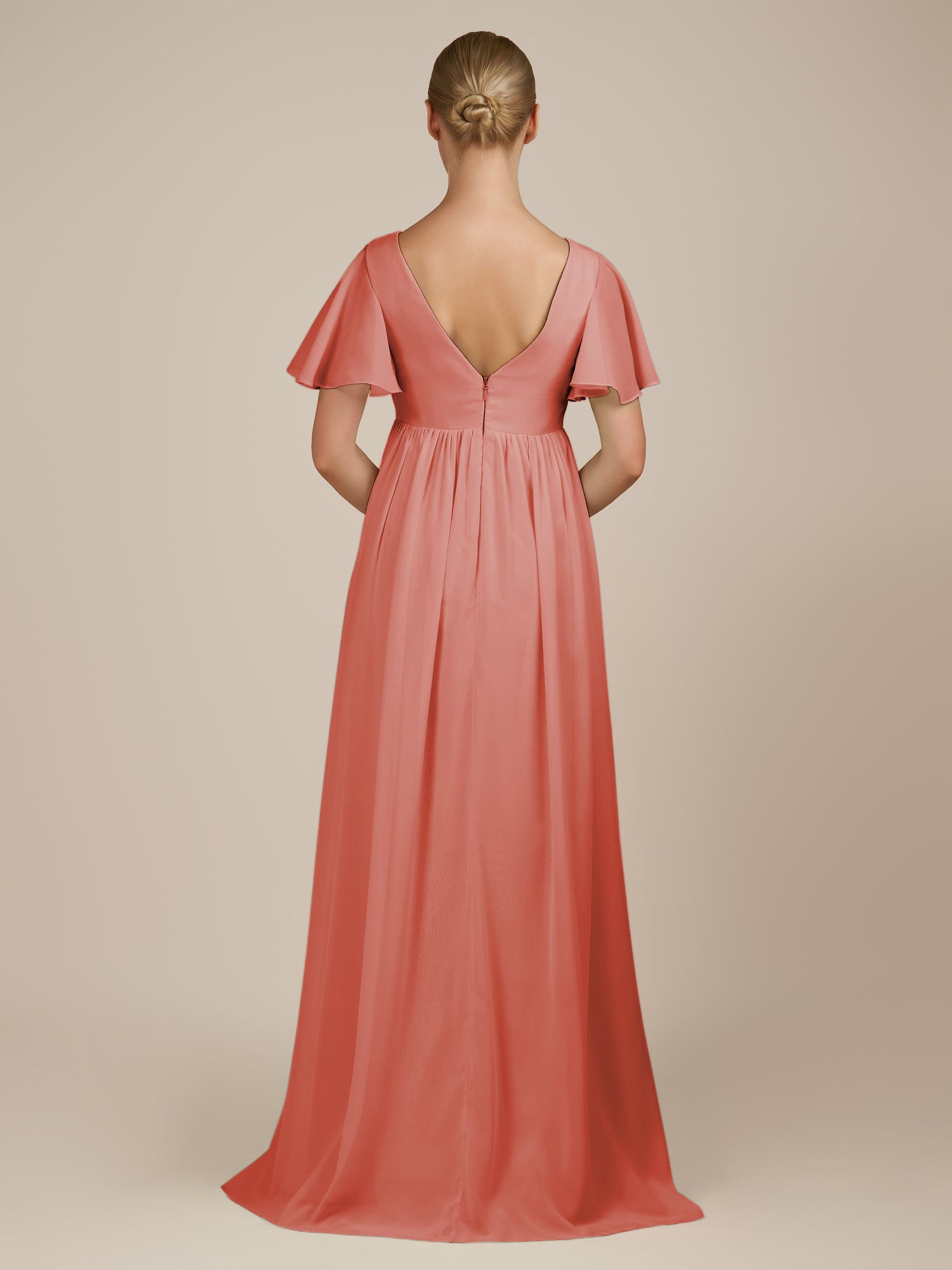KissDress-Junia Wild Rose A Line V Neck Chiffon Cap Sleeves Long Bridesmaid Dress with Slit