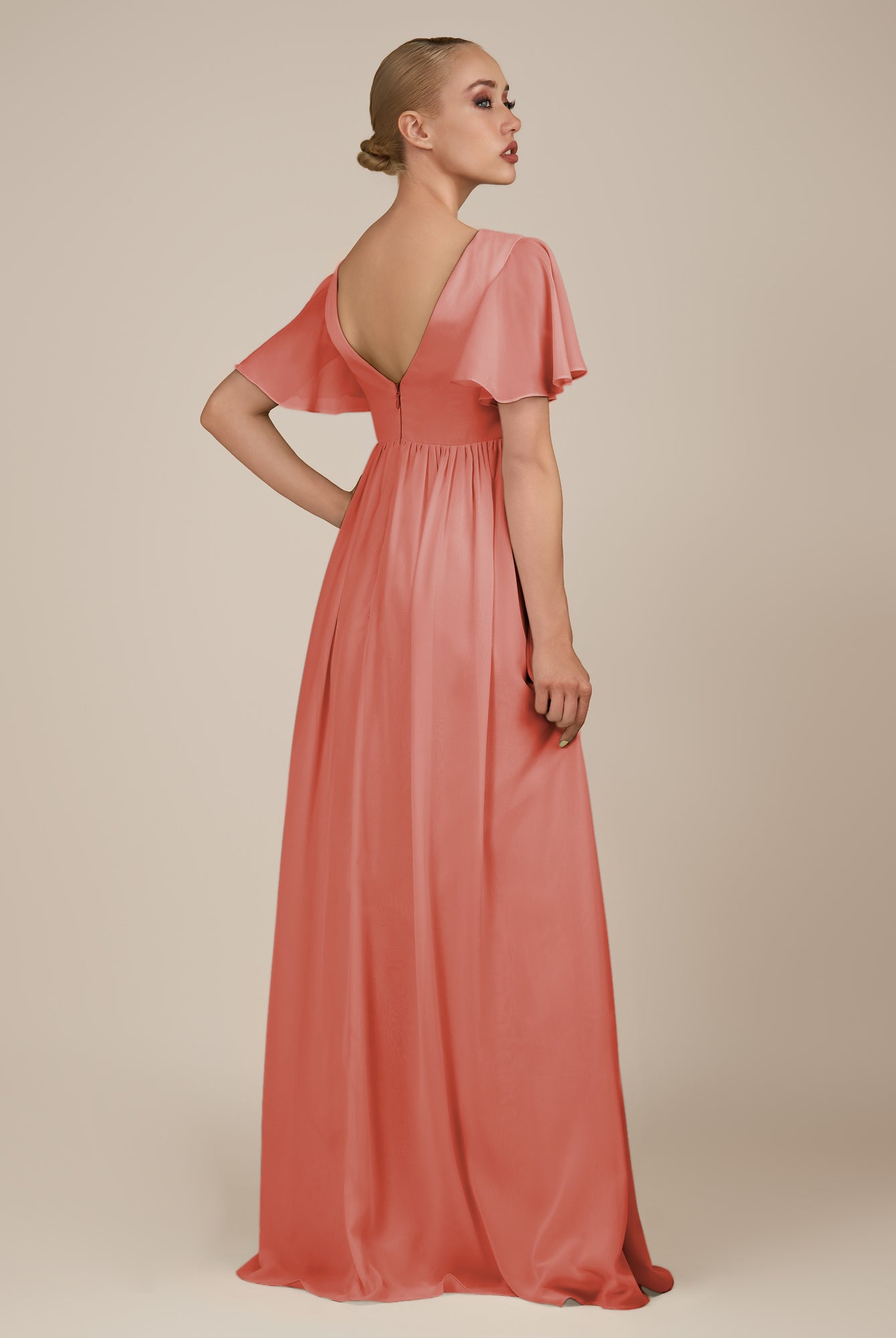 KissDress-Junia Wild Rose A Line V Neck Chiffon Cap Sleeves Long Bridesmaid Dress with Slit