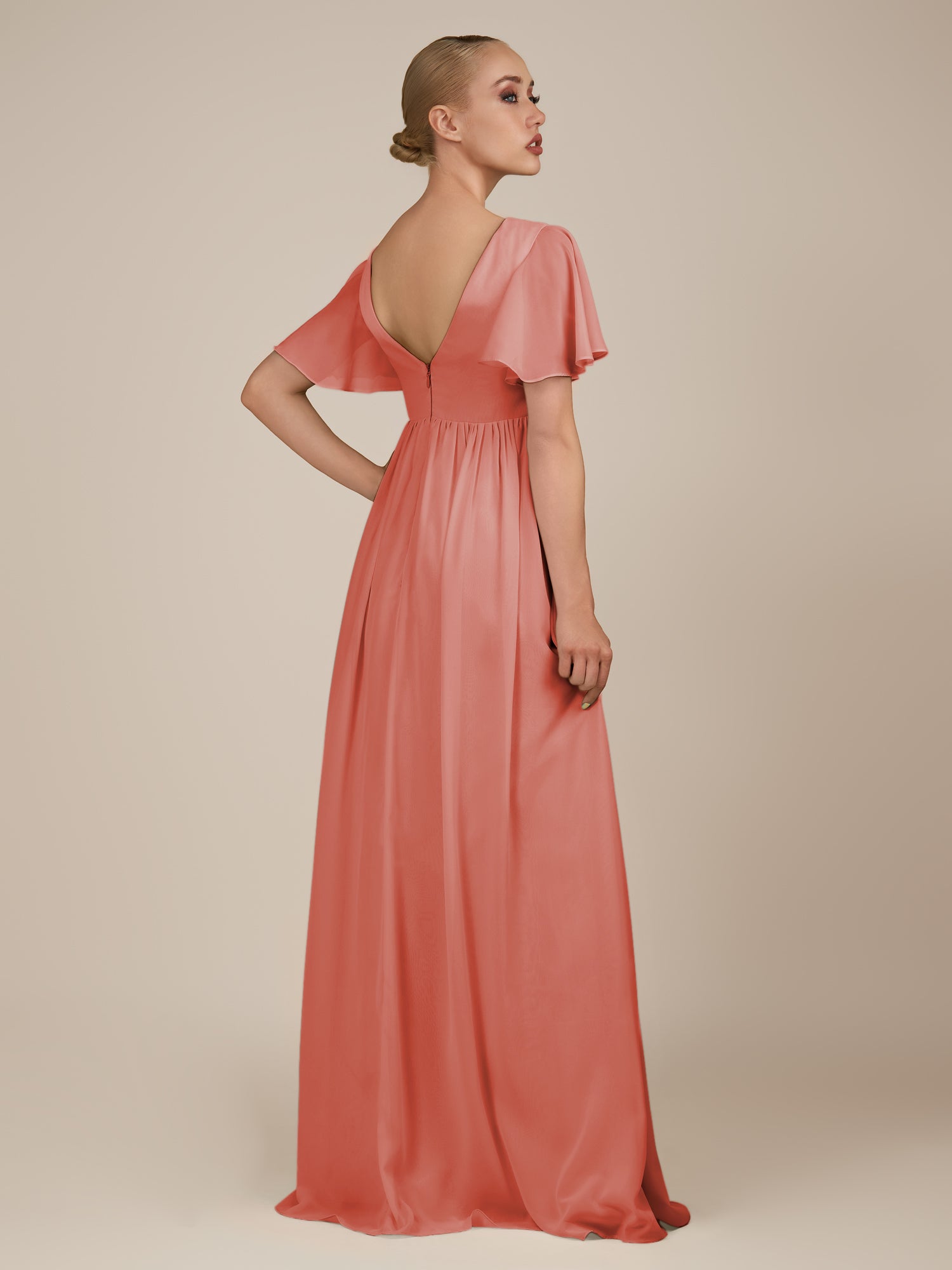 KissDress-Junia Wild Rose A Line V Neck Chiffon Cap Sleeves Long Bridesmaid Dress with Slit