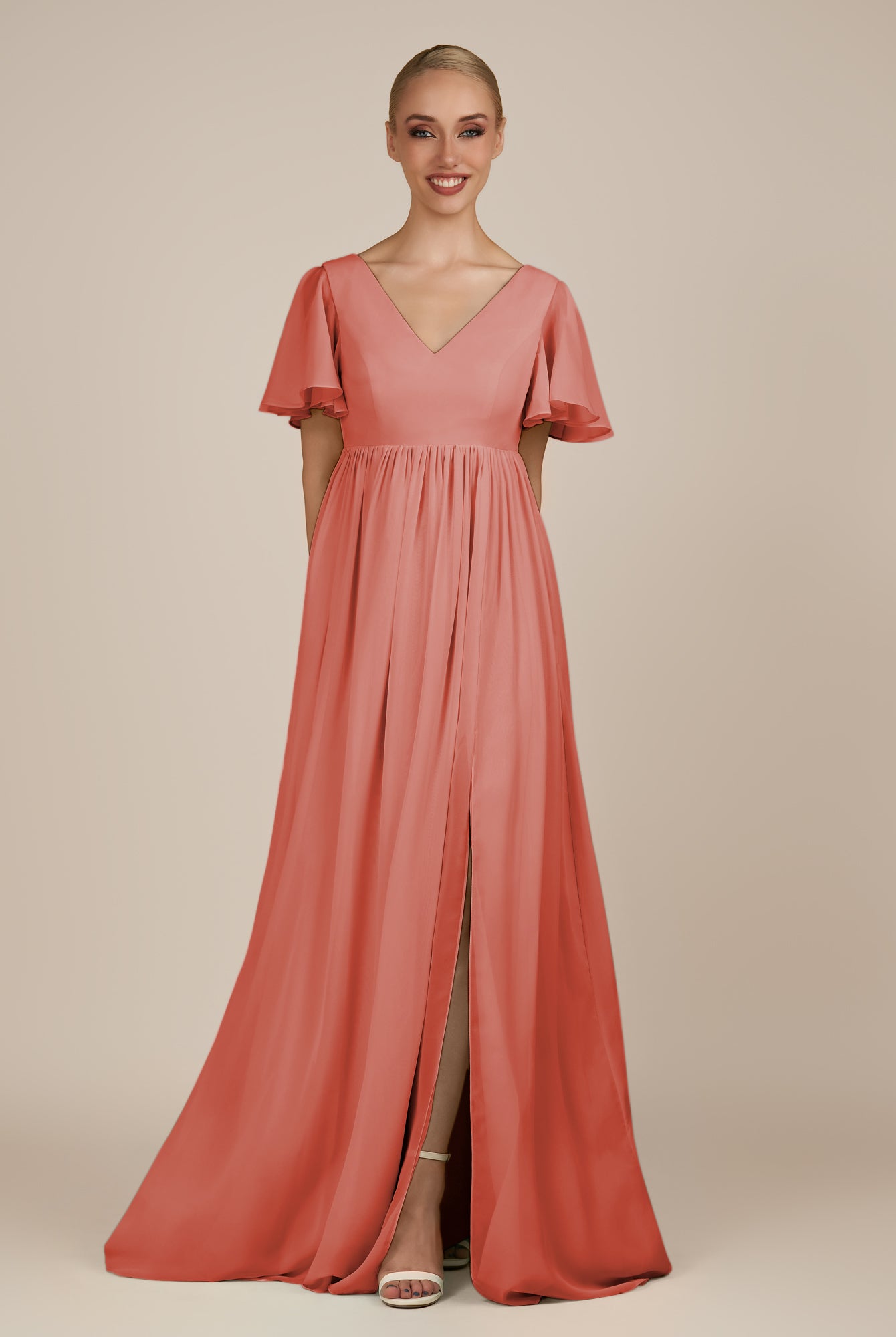 KissDress-Junia Wild Rose A Line V Neck Chiffon Cap Sleeves Long Bridesmaid Dress with Slit