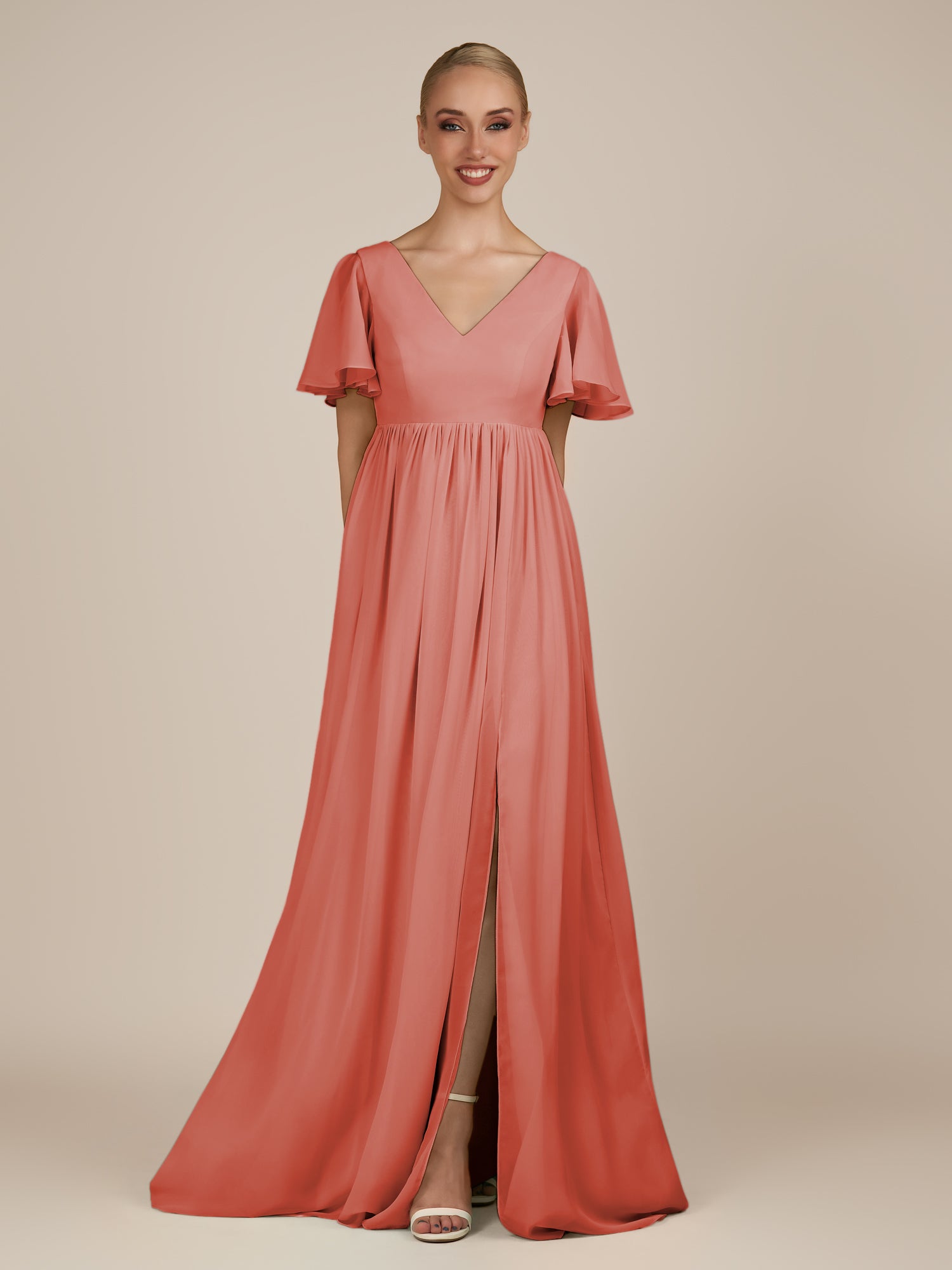 KissDress-Junia Wild Rose A Line V Neck Chiffon Cap Sleeves Long Bridesmaid Dress with Slit