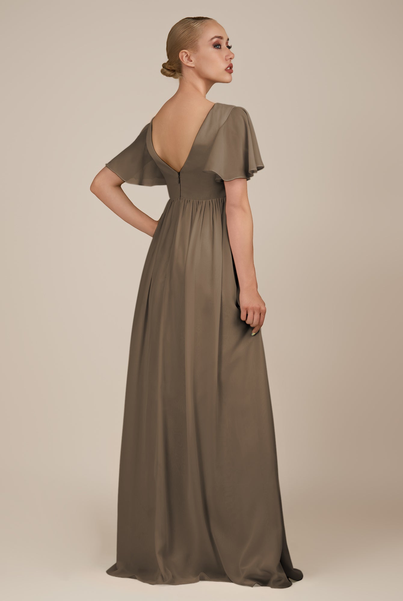 KissDress-Junia Willow Green A Line V Neck Chiffon Cap Sleeves Long Bridesmaid Dress with Slit