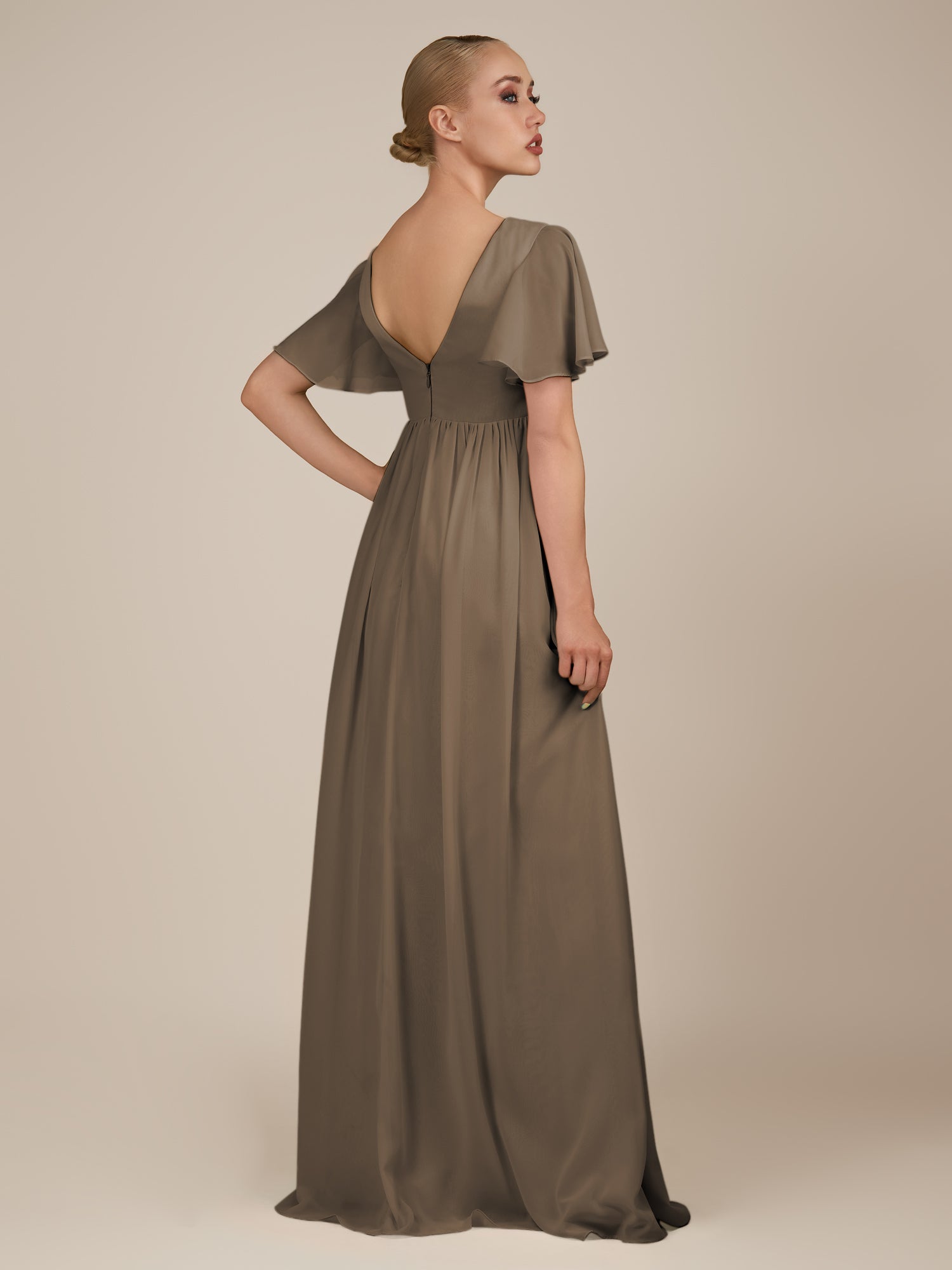 KissDress-Junia Willow Green A Line V Neck Chiffon Cap Sleeves Long Bridesmaid Dress with Slit