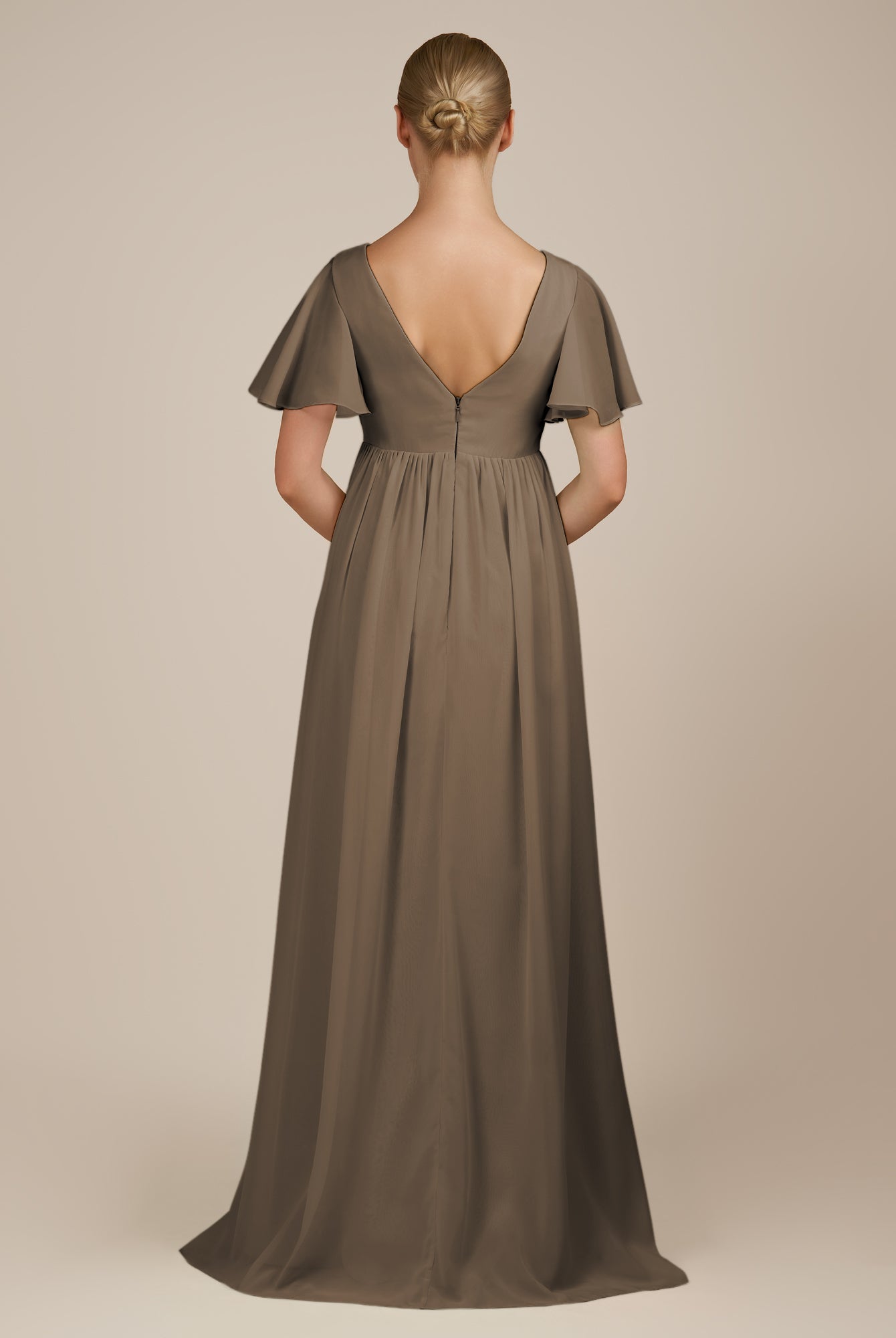 KissDress-Junia Willow Green A Line V Neck Chiffon Cap Sleeves Long Bridesmaid Dress with Slit