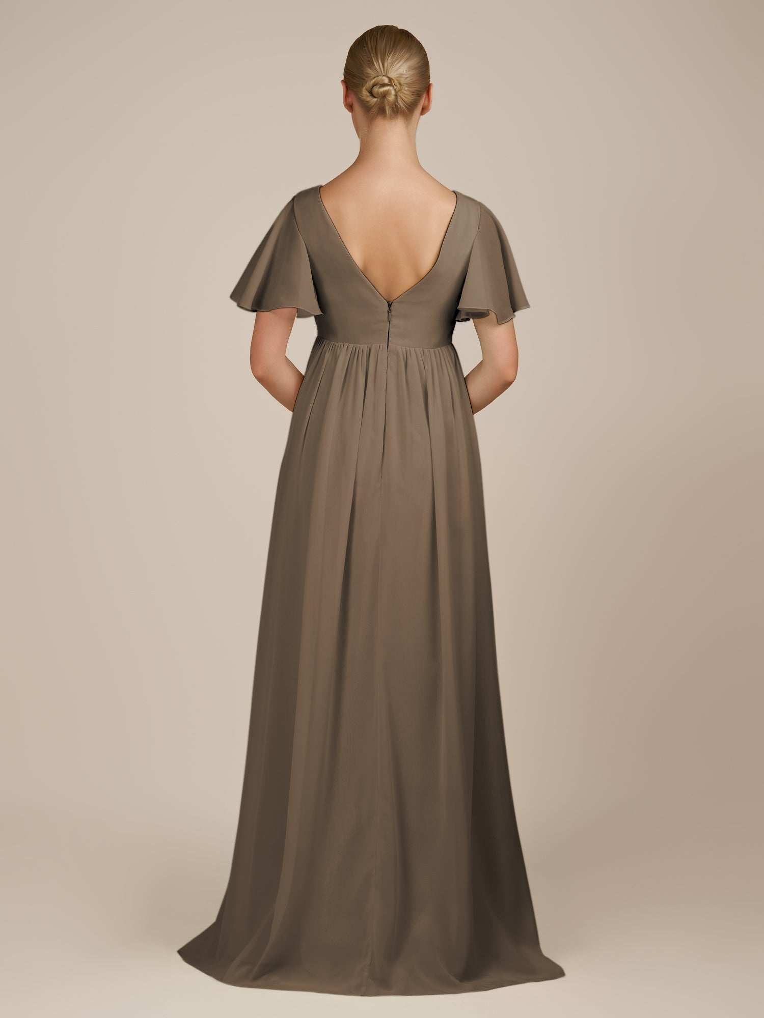 KissDress-Junia Willow Green A Line V Neck Chiffon Cap Sleeves Long Bridesmaid Dress with Slit