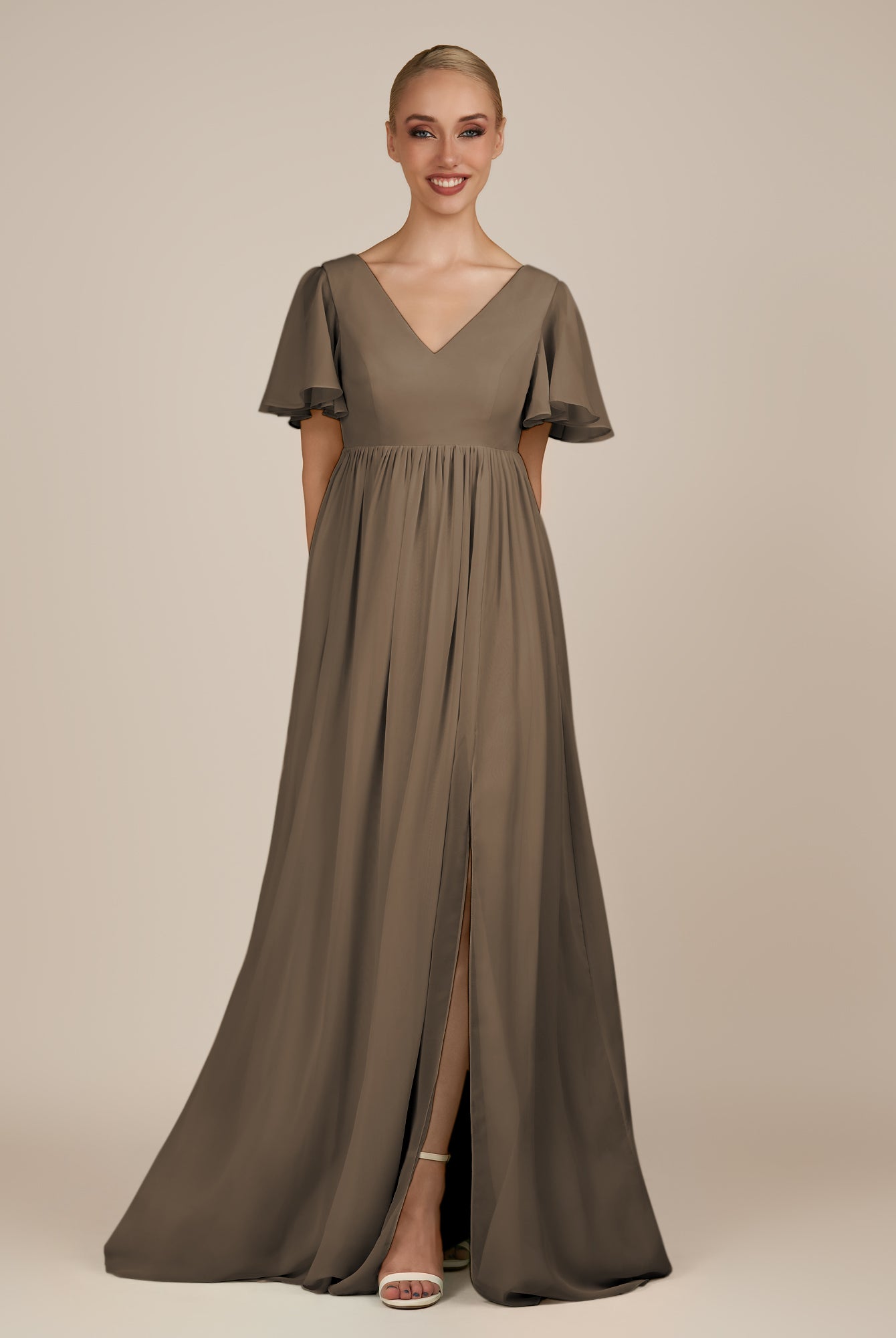 KissDress-Junia Willow Green A Line V Neck Chiffon Cap Sleeves Long Bridesmaid Dress with Slit