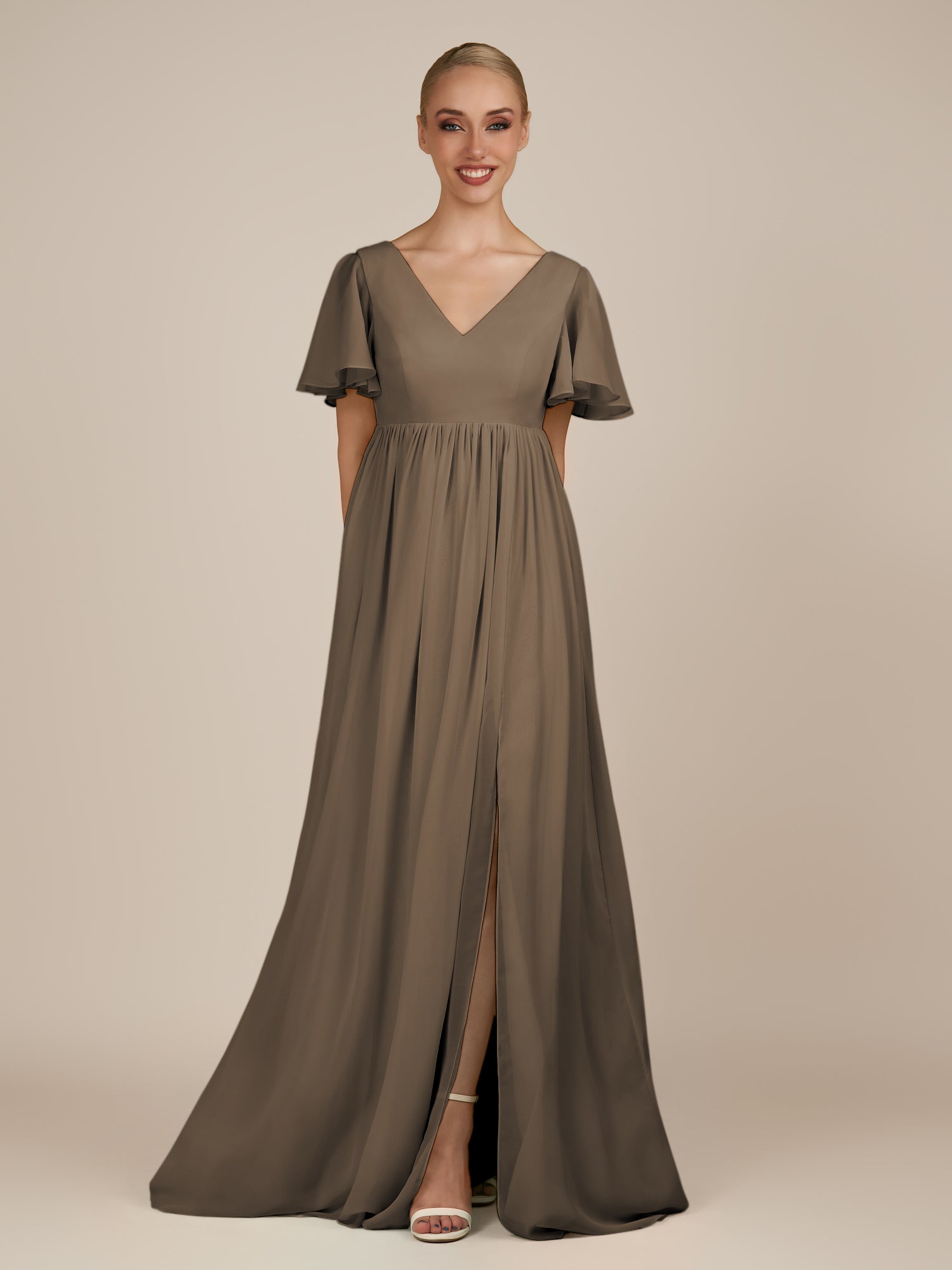 KissDress-Junia Willow Green A Line V Neck Chiffon Cap Sleeves Long Bridesmaid Dress with Slit