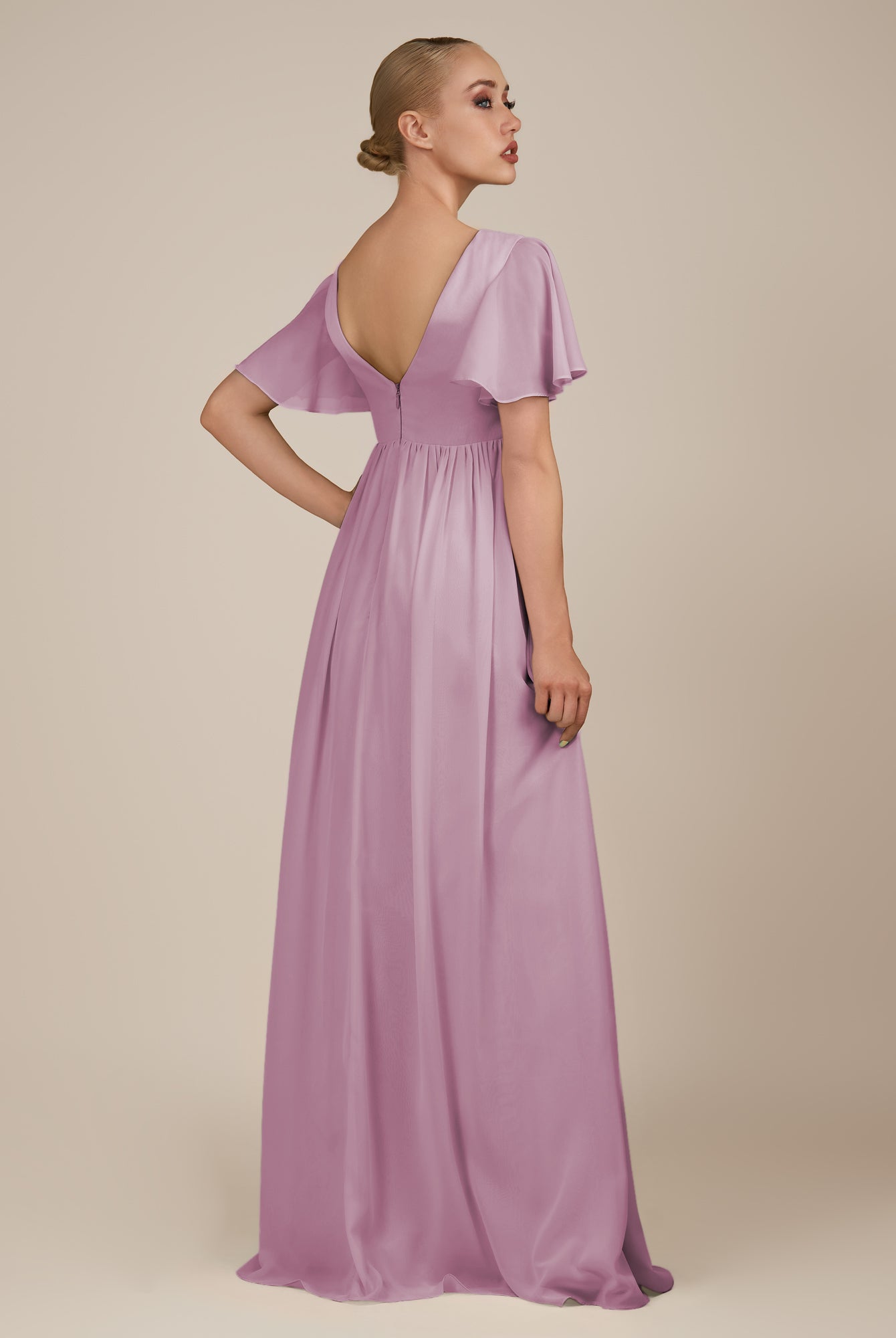 KissDress-Junia Wisteria A Line V Neck Chiffon Cap Sleeves Long Bridesmaid Dress with Slit