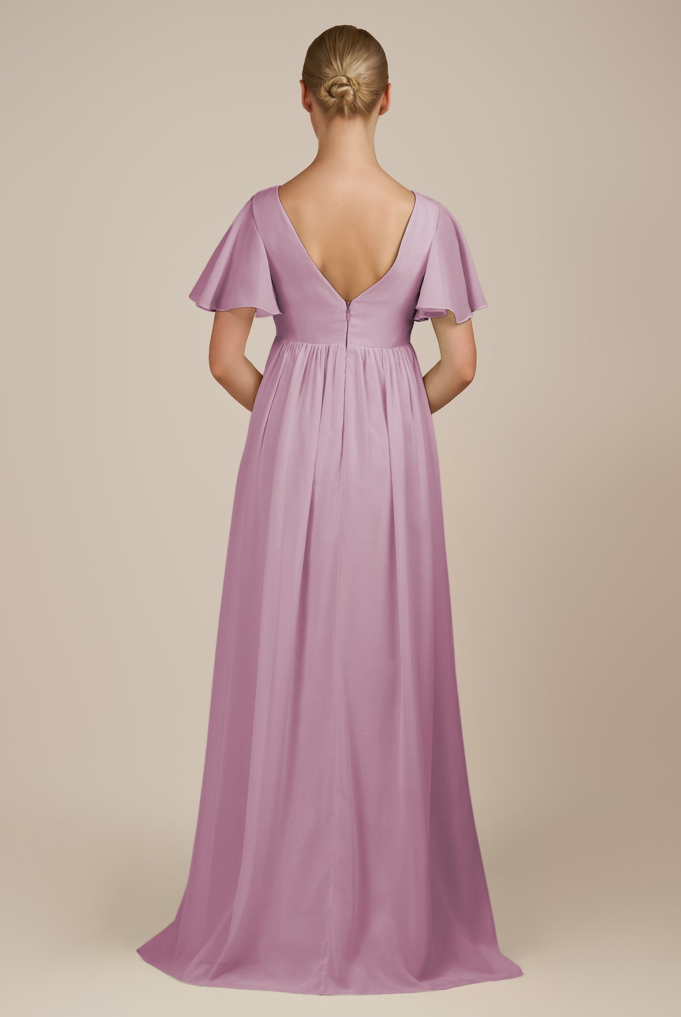 KissDress-Junia Wisteria A Line V Neck Chiffon Cap Sleeves Long Bridesmaid Dress with Slit