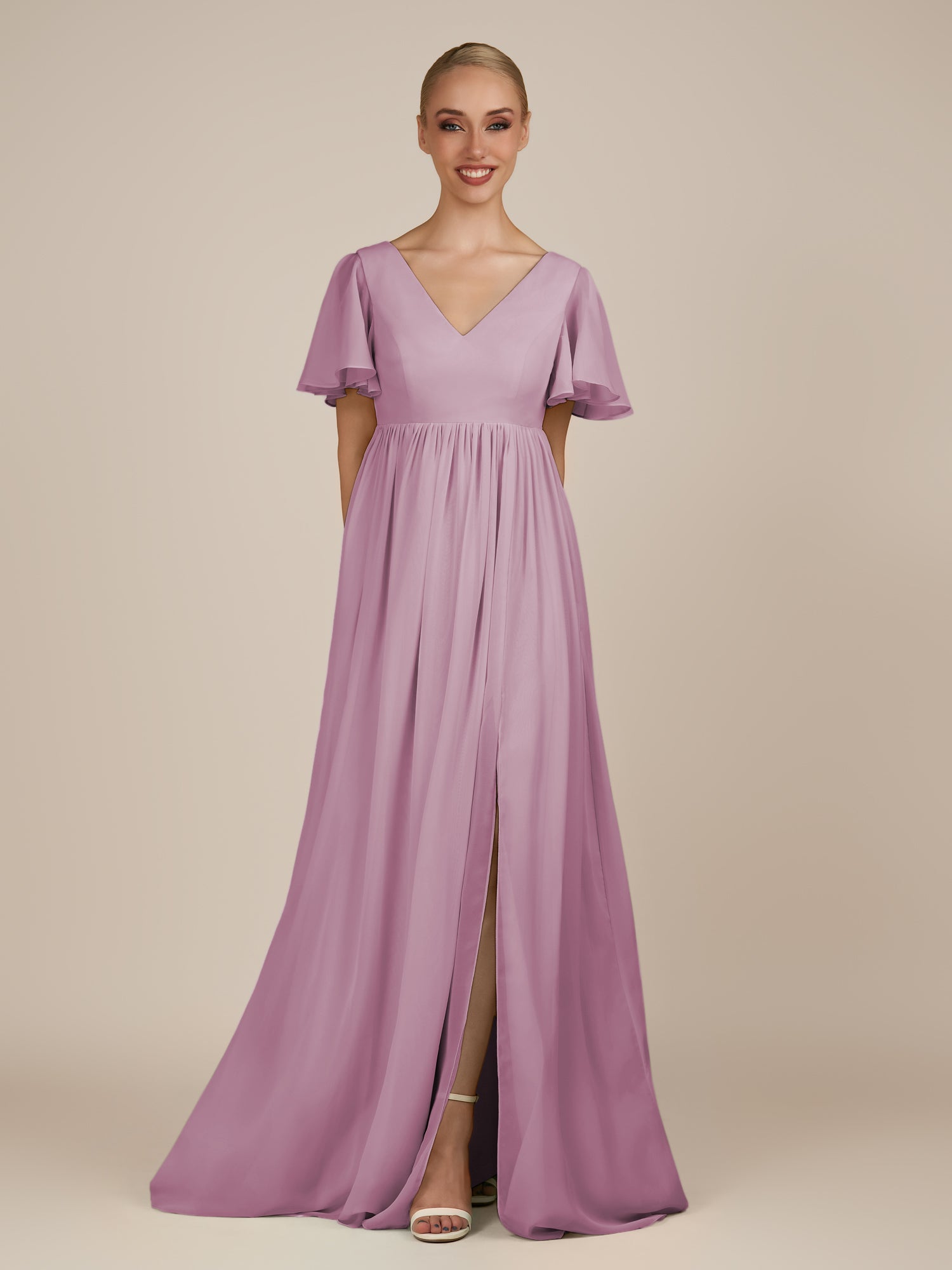 KissDress-Junia Wisteria A Line V Neck Chiffon Cap Sleeves Long Bridesmaid Dress with Slit