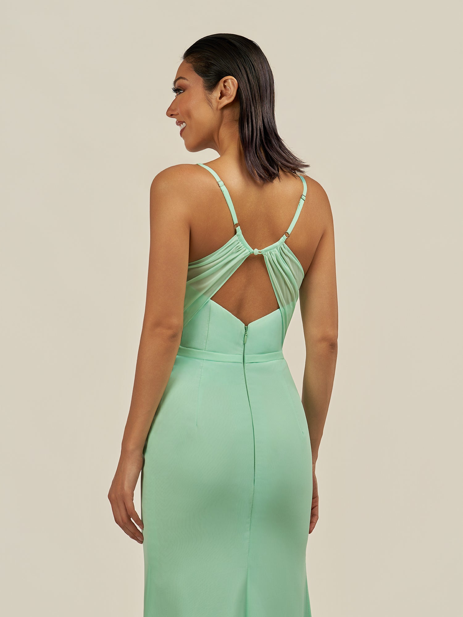 KissDress-Kaelin Pale Pistachio Sheath Chiffon V Neck Long Bridesmaid Dress with Slit