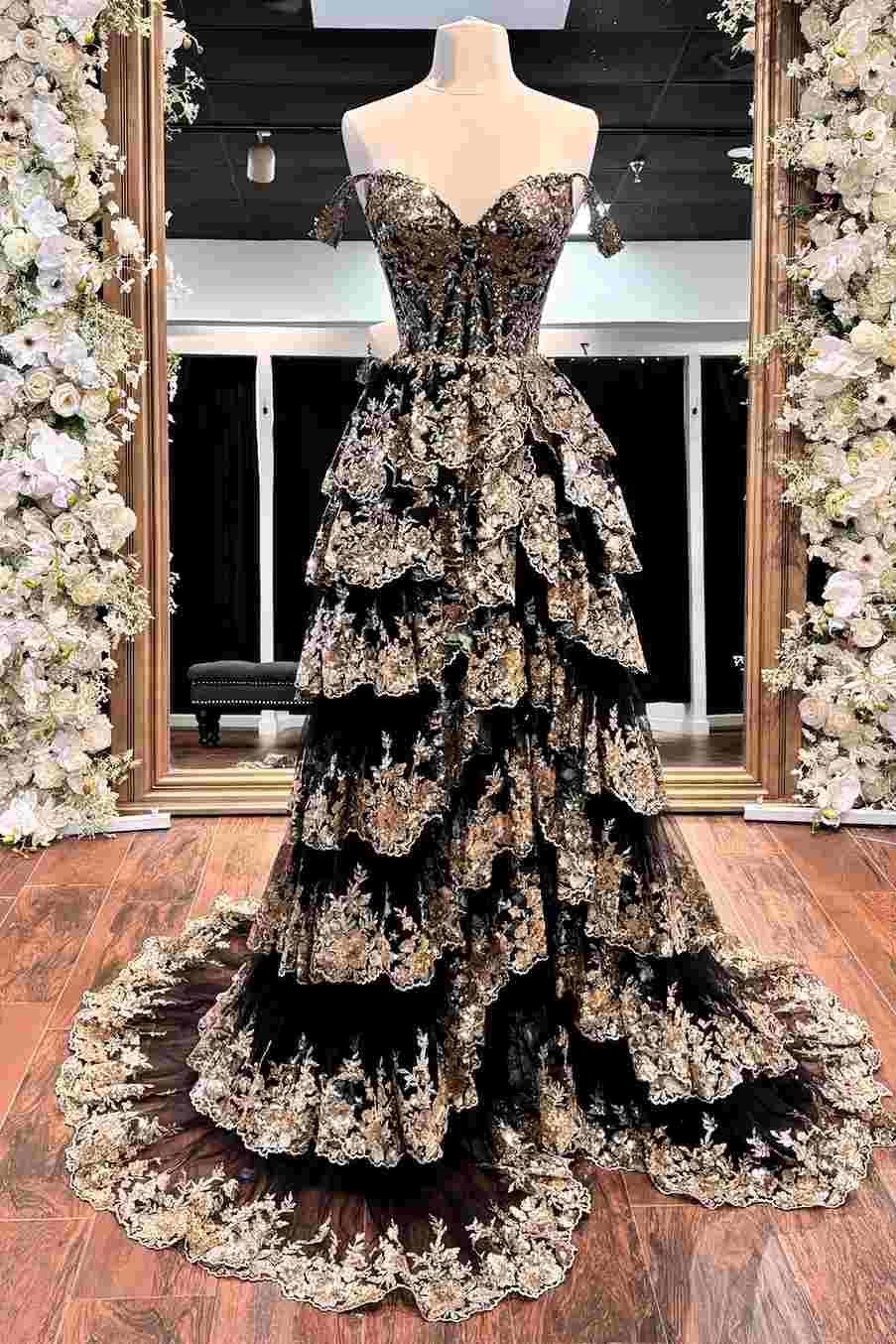 Gold Off the Shoulder Sequin Long Prom Dress with Slit